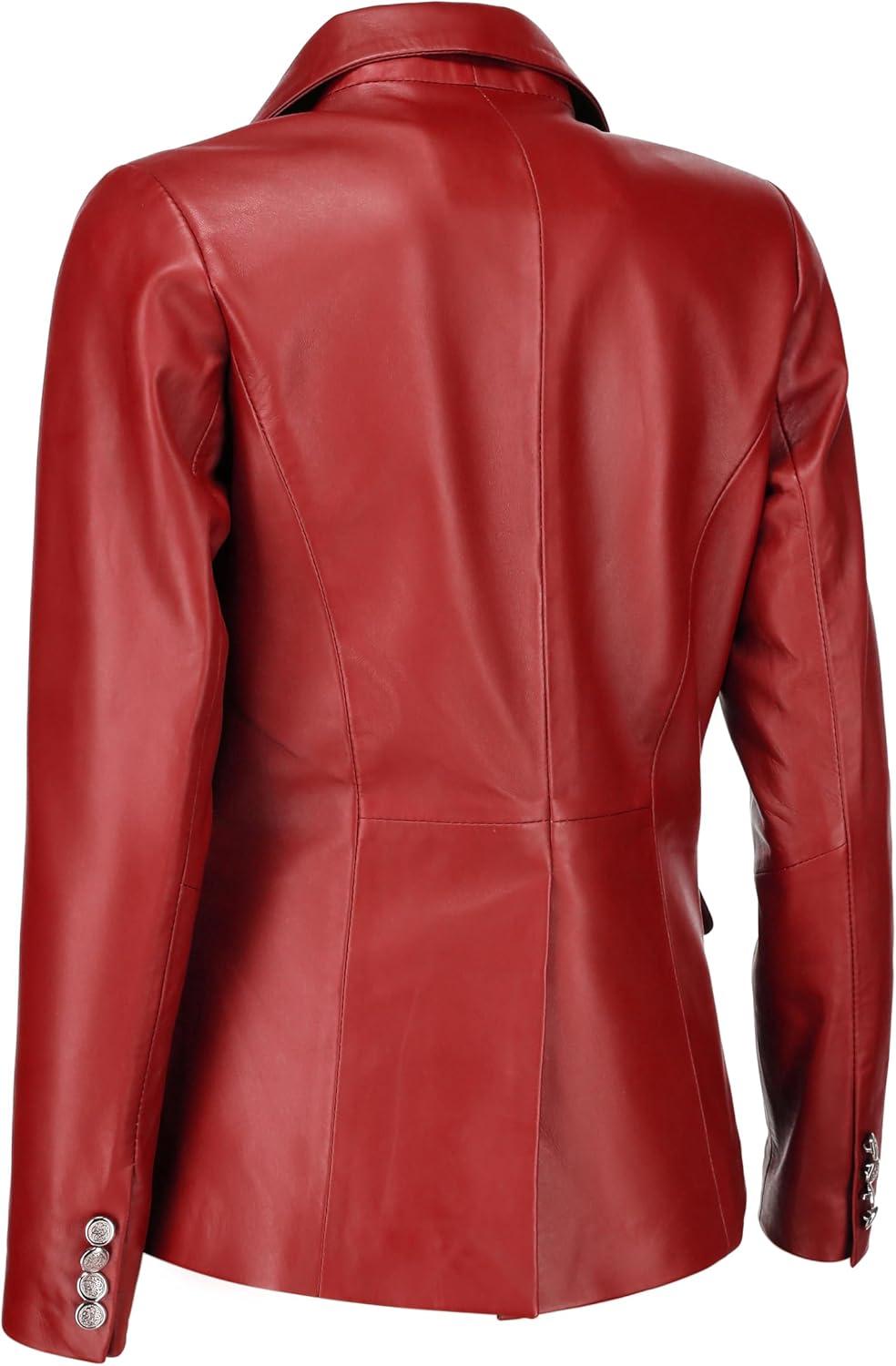 imageJild Double Breasted Fancy Buttons Lambskin Leather Blazer Women Kim Kardashian Long Sleeve Coat Style Leather Jacket WomenRed