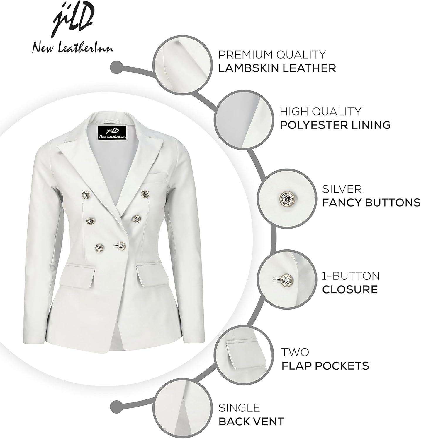 imageJild Double Breasted Fancy Buttons Lambskin Leather Blazer Women Kim Kardashian Long Sleeve Coat Style Leather Jacket WomenWhite