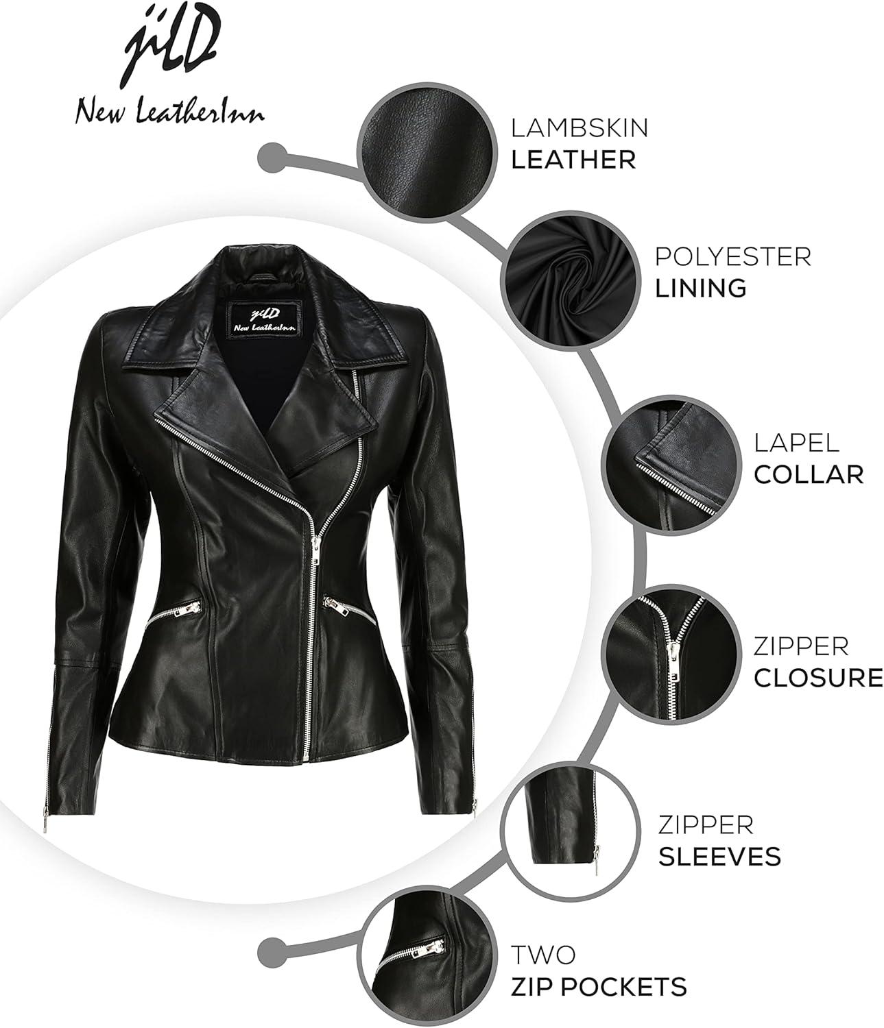 imageJild Womens Asymmetrical ZipUp Real Lambskin Leather Motorcycle Jacket Casual Fashion Moto Biker Leather Jacket WomenBlack