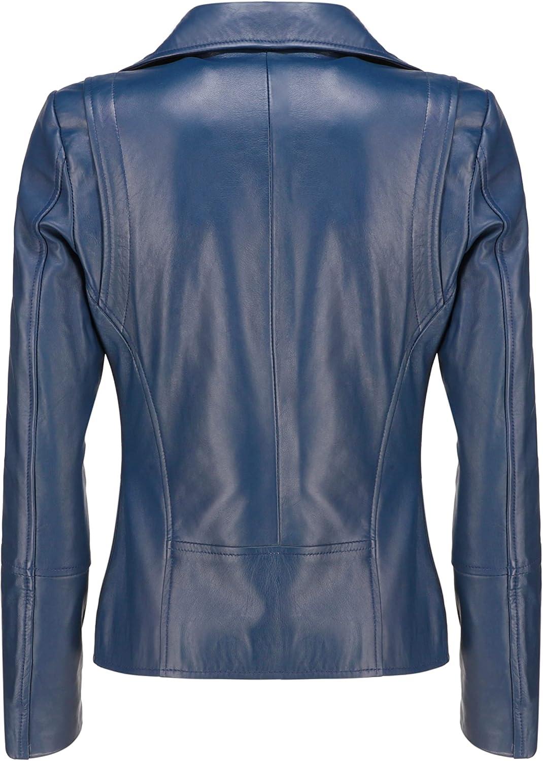 imageJild Womens Asymmetrical ZipUp Real Lambskin Leather Motorcycle Jacket Casual Fashion Moto Biker Leather Jacket WomenBlue