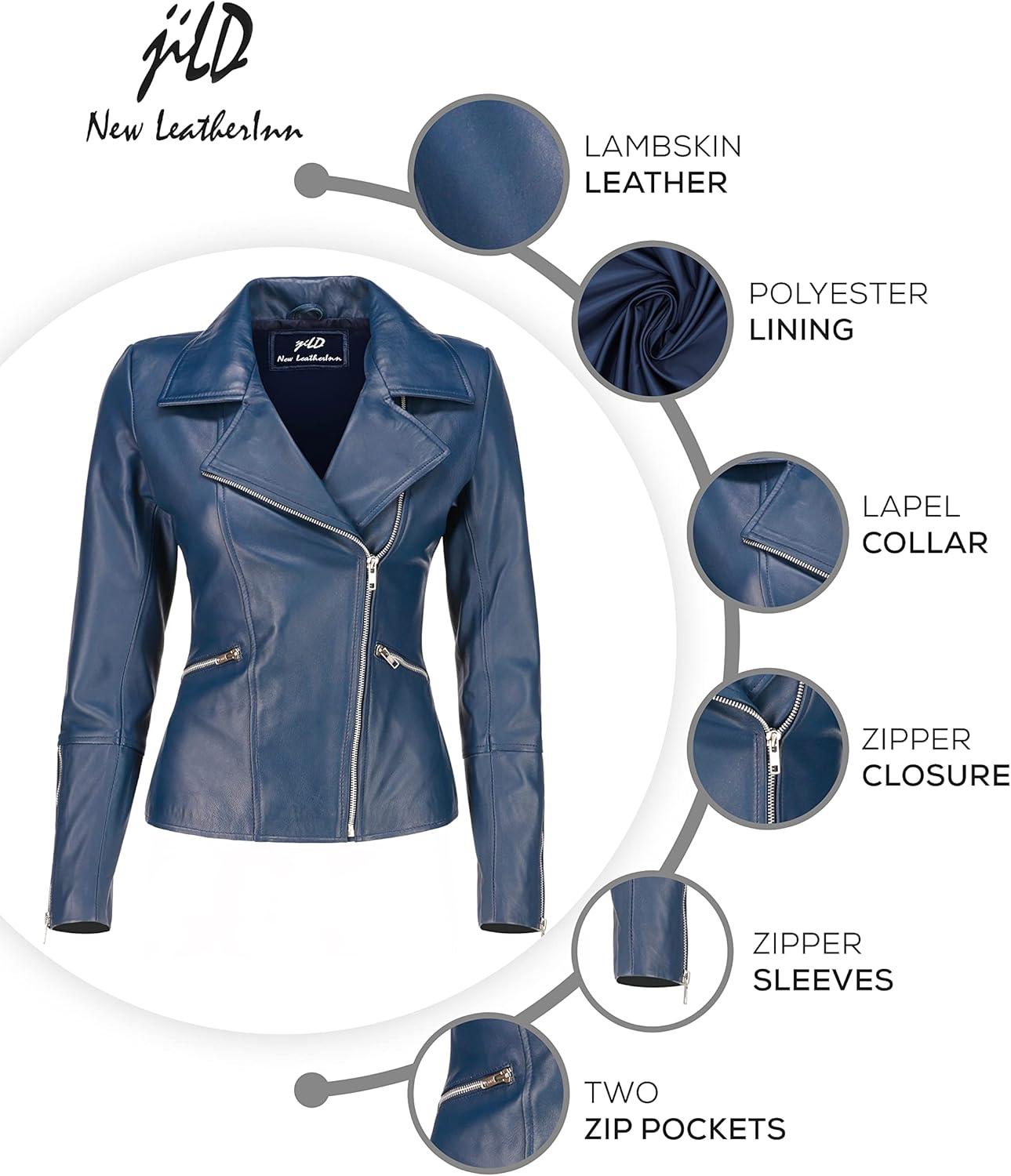 imageJild Womens Asymmetrical ZipUp Real Lambskin Leather Motorcycle Jacket Casual Fashion Moto Biker Leather Jacket WomenBlue