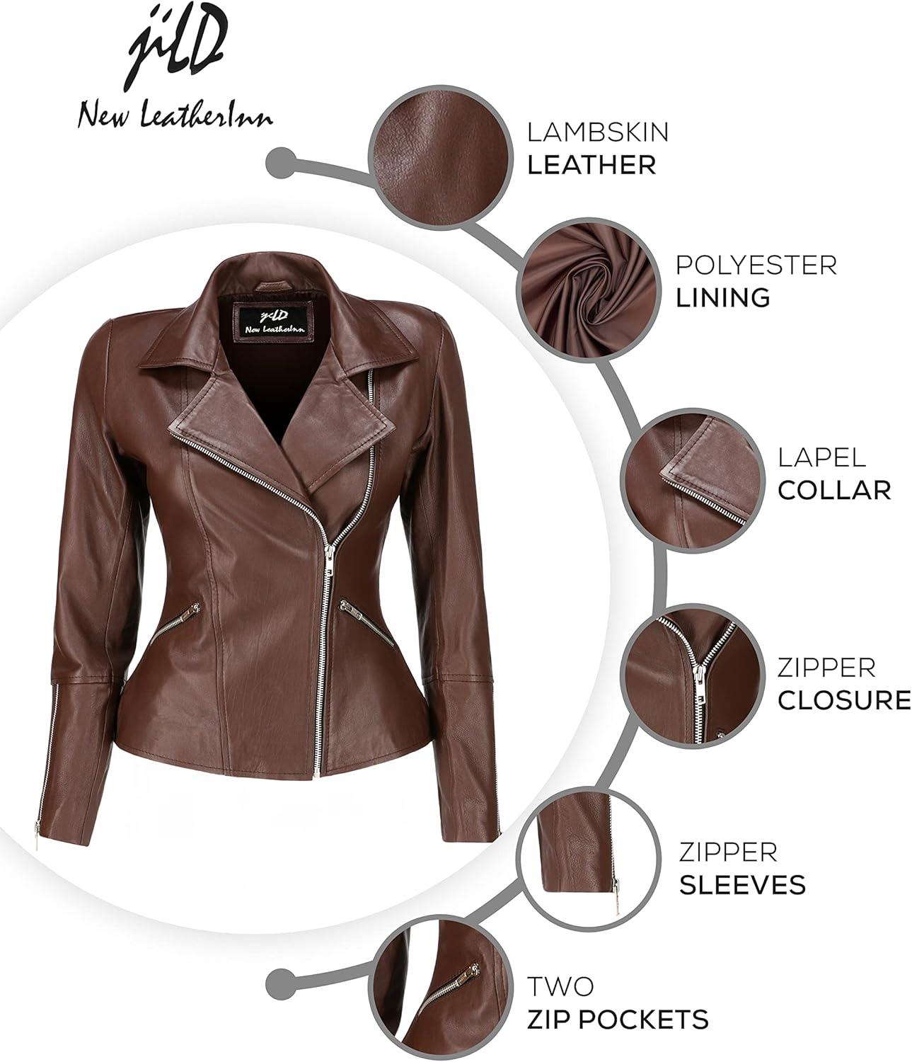 imageJild Womens Asymmetrical ZipUp Real Lambskin Leather Motorcycle Jacket Casual Fashion Moto Biker Leather Jacket WomenBrown