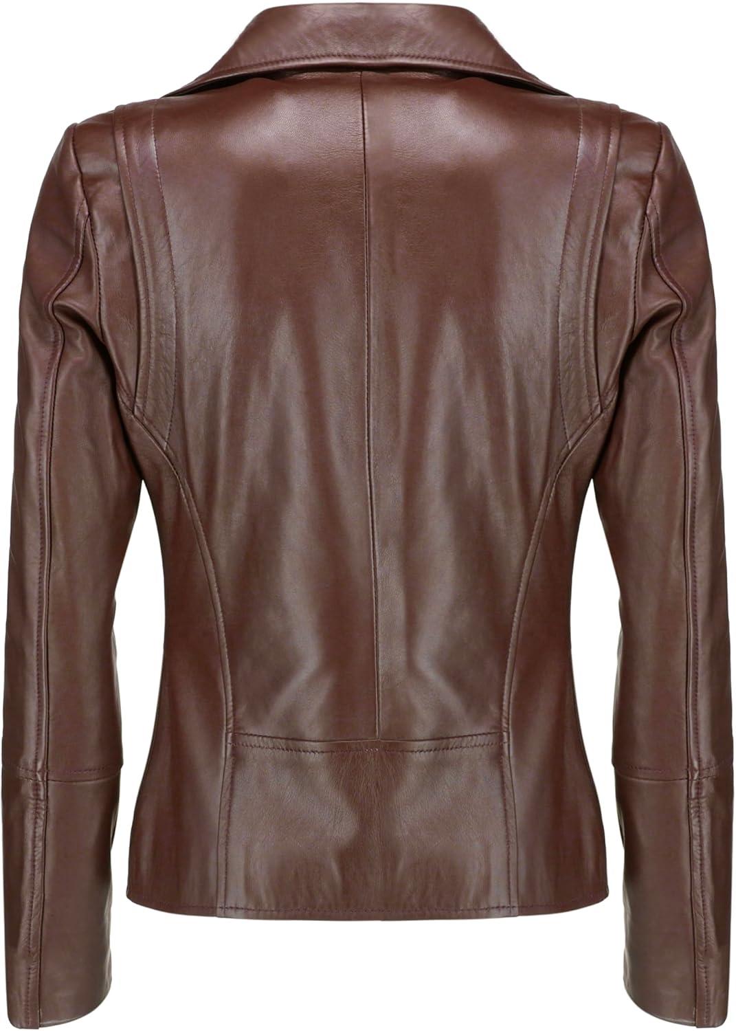 imageJild Womens Asymmetrical ZipUp Real Lambskin Leather Motorcycle Jacket Casual Fashion Moto Biker Leather Jacket WomenBrown