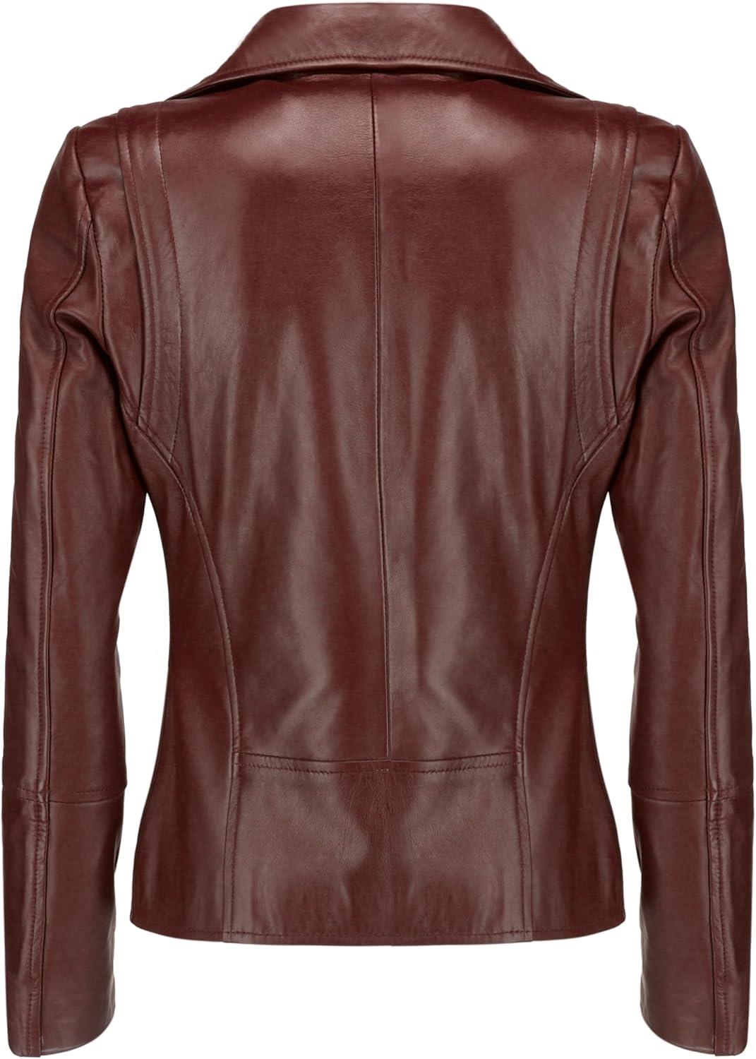 imageJild Womens Asymmetrical ZipUp Real Lambskin Leather Motorcycle Jacket Casual Fashion Moto Biker Leather Jacket WomenMaroon