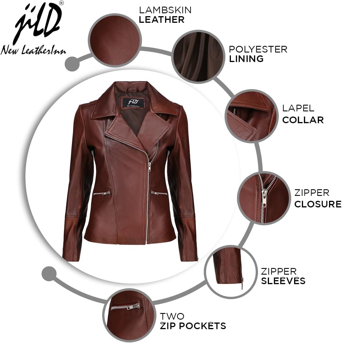 imageJild Womens Asymmetrical ZipUp Real Lambskin Leather Motorcycle Jacket Casual Fashion Moto Biker Leather Jacket WomenMaroon