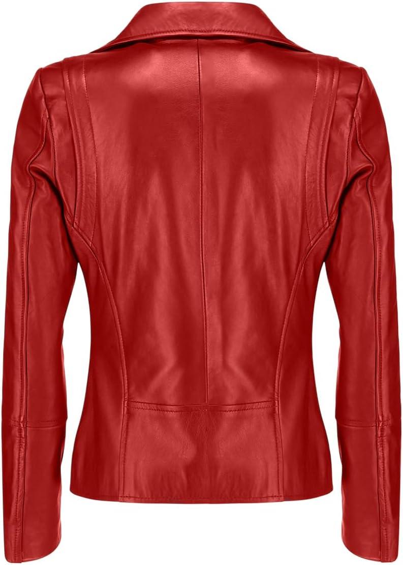 imageJild Womens Asymmetrical ZipUp Real Lambskin Leather Motorcycle Jacket Casual Fashion Moto Biker Leather Jacket WomenRed