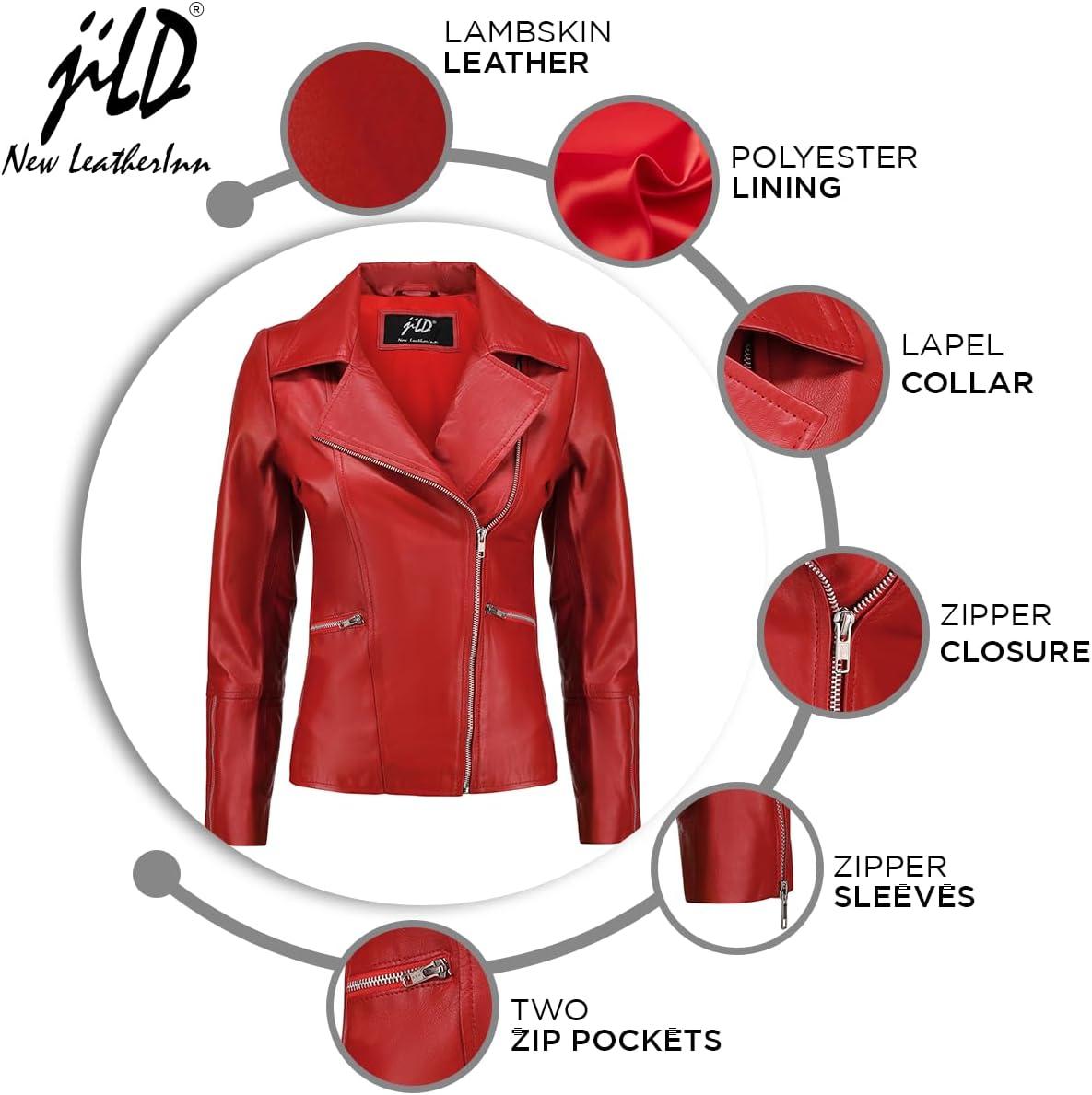 imageJild Womens Asymmetrical ZipUp Real Lambskin Leather Motorcycle Jacket Casual Fashion Moto Biker Leather Jacket WomenRed