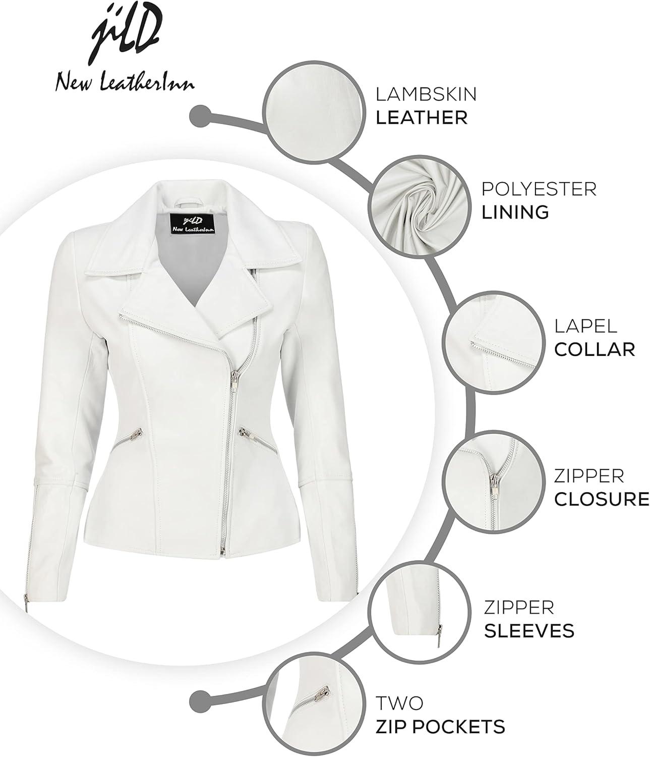imageJild Womens Asymmetrical ZipUp Real Lambskin Leather Motorcycle Jacket Casual Fashion Moto Biker Leather Jacket WomenWhite