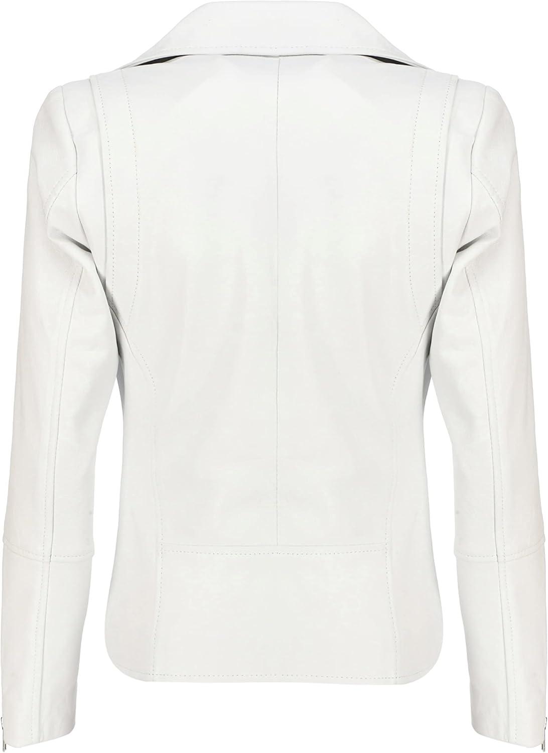 imageJild Womens Asymmetrical ZipUp Real Lambskin Leather Motorcycle Jacket Casual Fashion Moto Biker Leather Jacket WomenWhite
