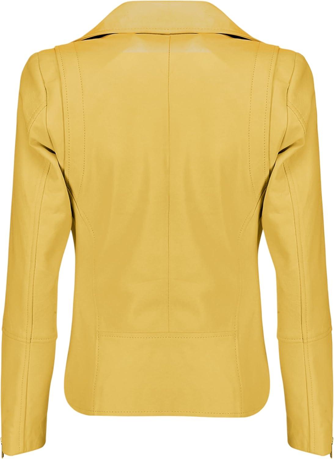 imageJild Womens Asymmetrical ZipUp Real Lambskin Leather Motorcycle Jacket Casual Fashion Moto Biker Leather Jacket WomenYellow