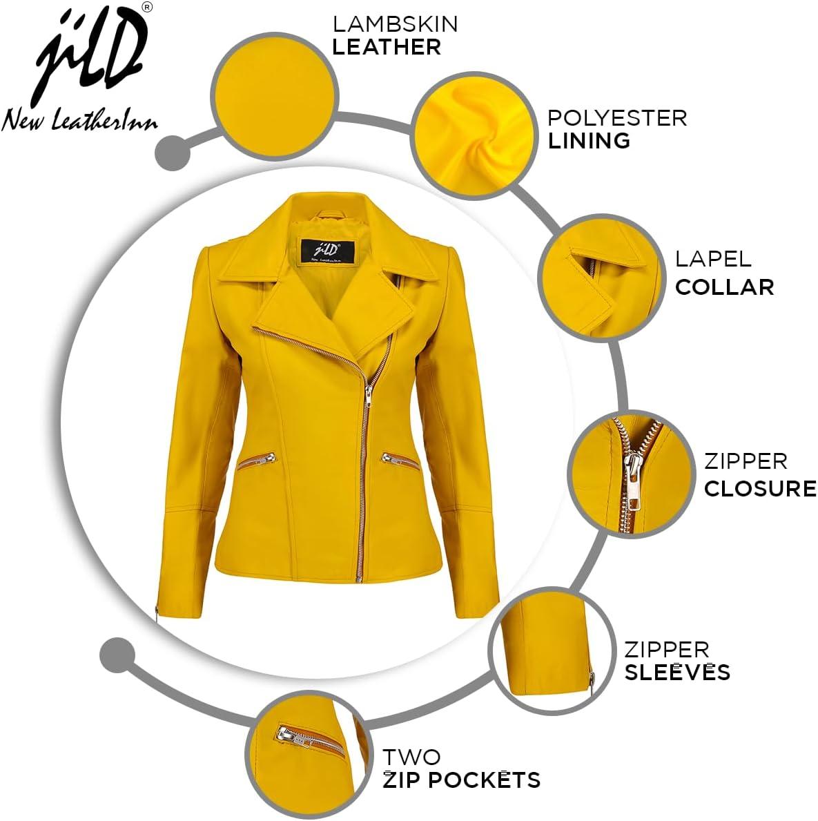 imageJild Womens Asymmetrical ZipUp Real Lambskin Leather Motorcycle Jacket Casual Fashion Moto Biker Leather Jacket WomenYellow