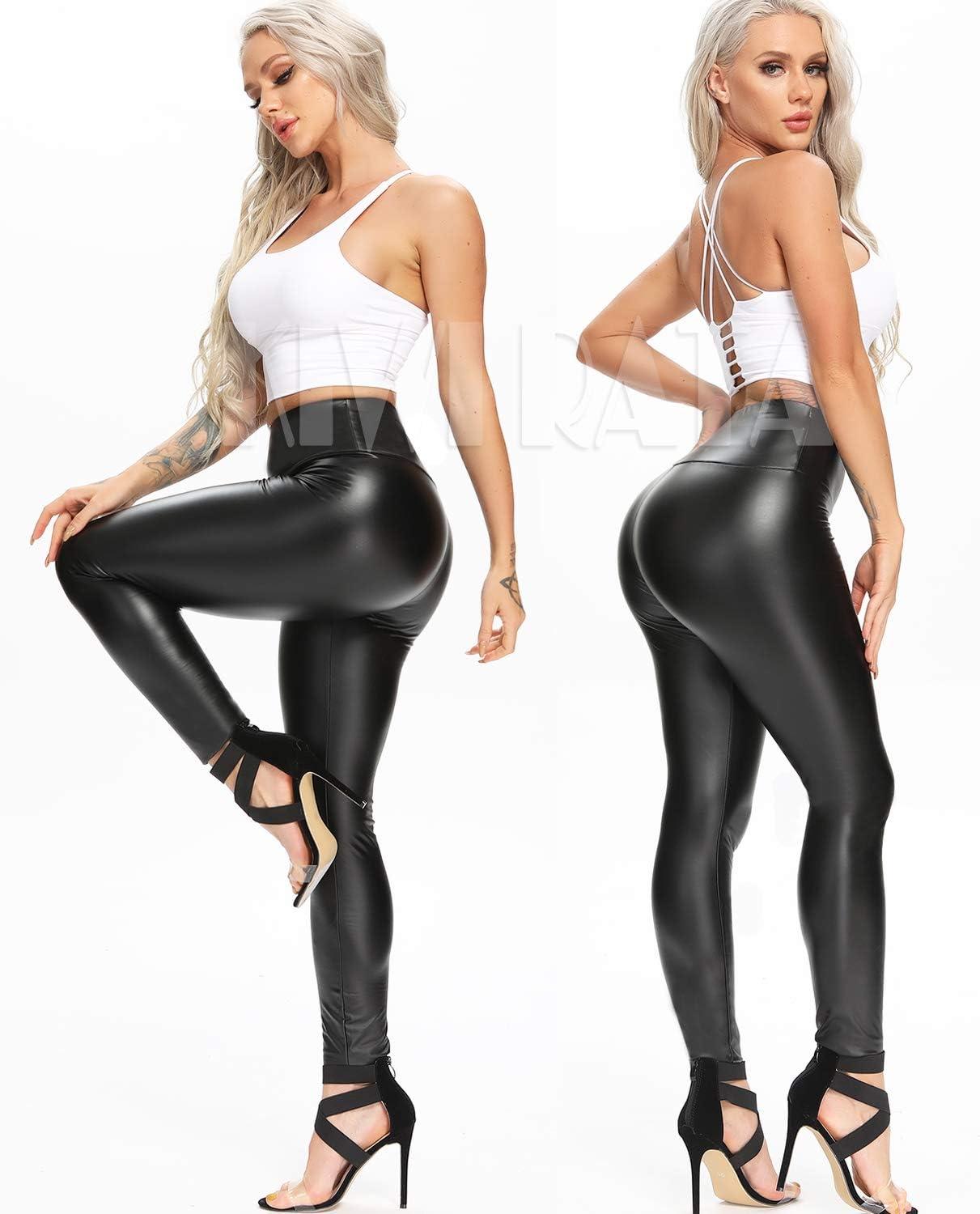 imageKIWI RATA Faux Leather Leggings for Women Stretchy Pleather Pants Shiny Sexy TightsA Plus Velvet Black