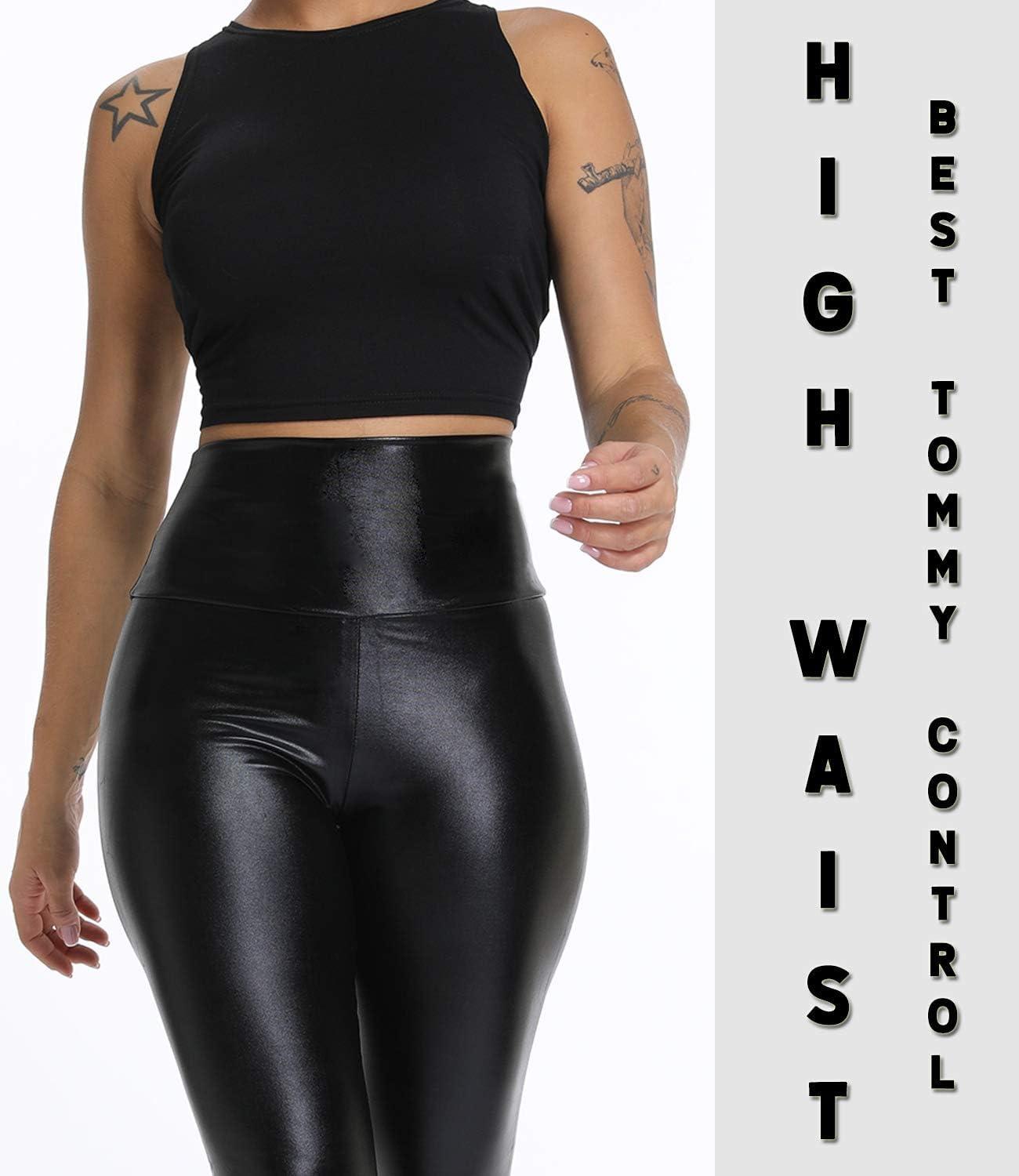 imageKIWI RATA Faux Leather Leggings for Women Stretchy Pleather Pants Shiny Sexy TightsLight Black