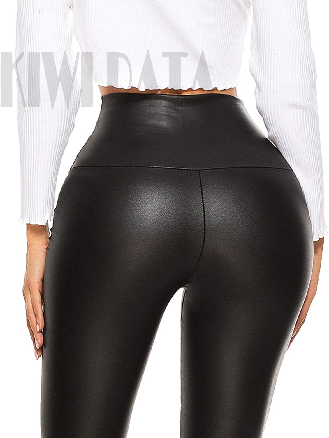 imageKIWI RATA Faux Leather Leggings for Women Stretchy Pleather Pants Shiny Sexy TightsMatte Black
