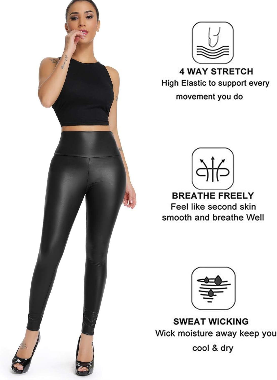 imageKIWI RATA Faux Leather Leggings for Women Stretchy Pleather Pants Shiny Sexy TightsMatte Black