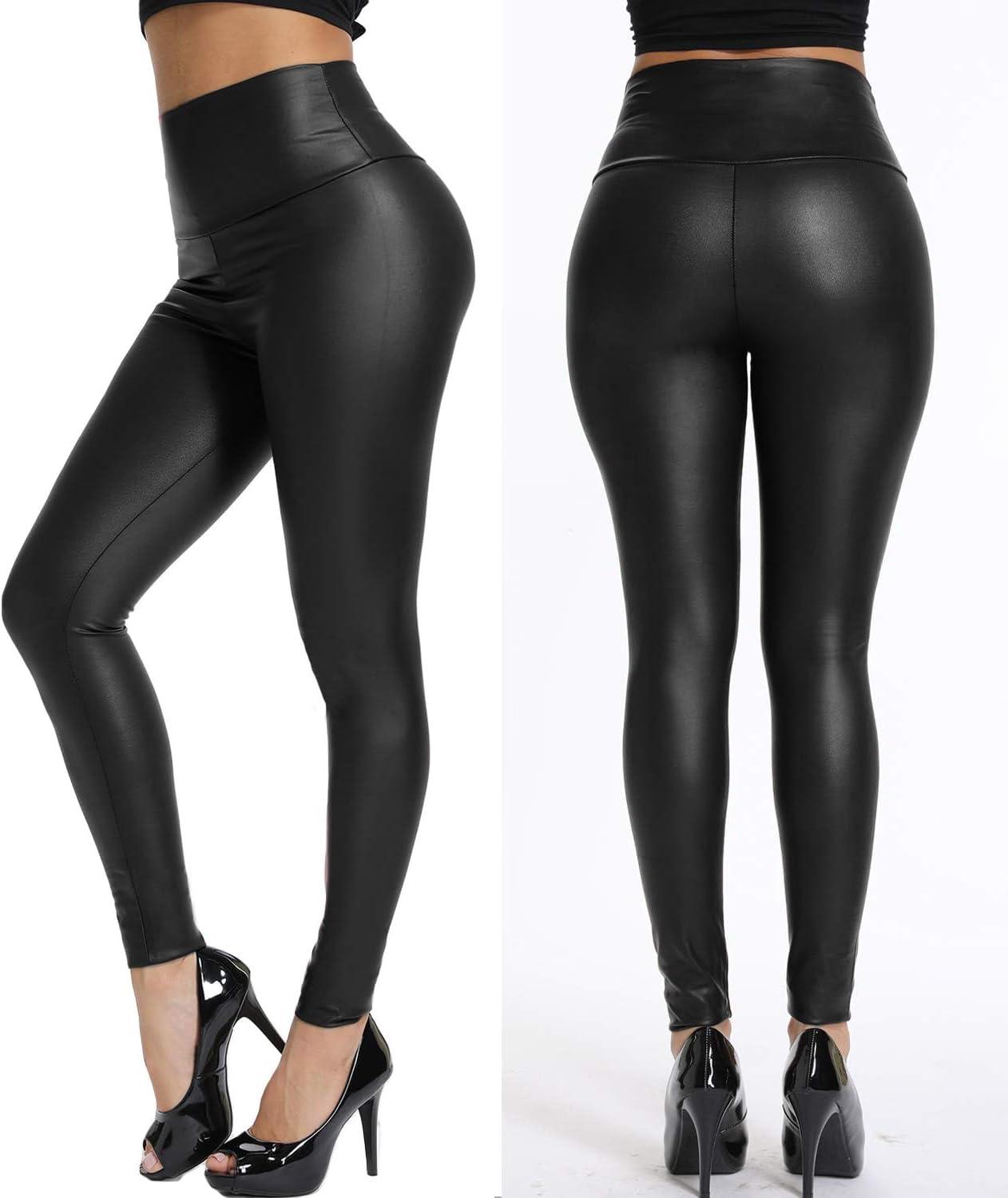 imageKIWI RATA Faux Leather Leggings for Women Stretchy Pleather Pants Shiny Sexy TightsMatte Black