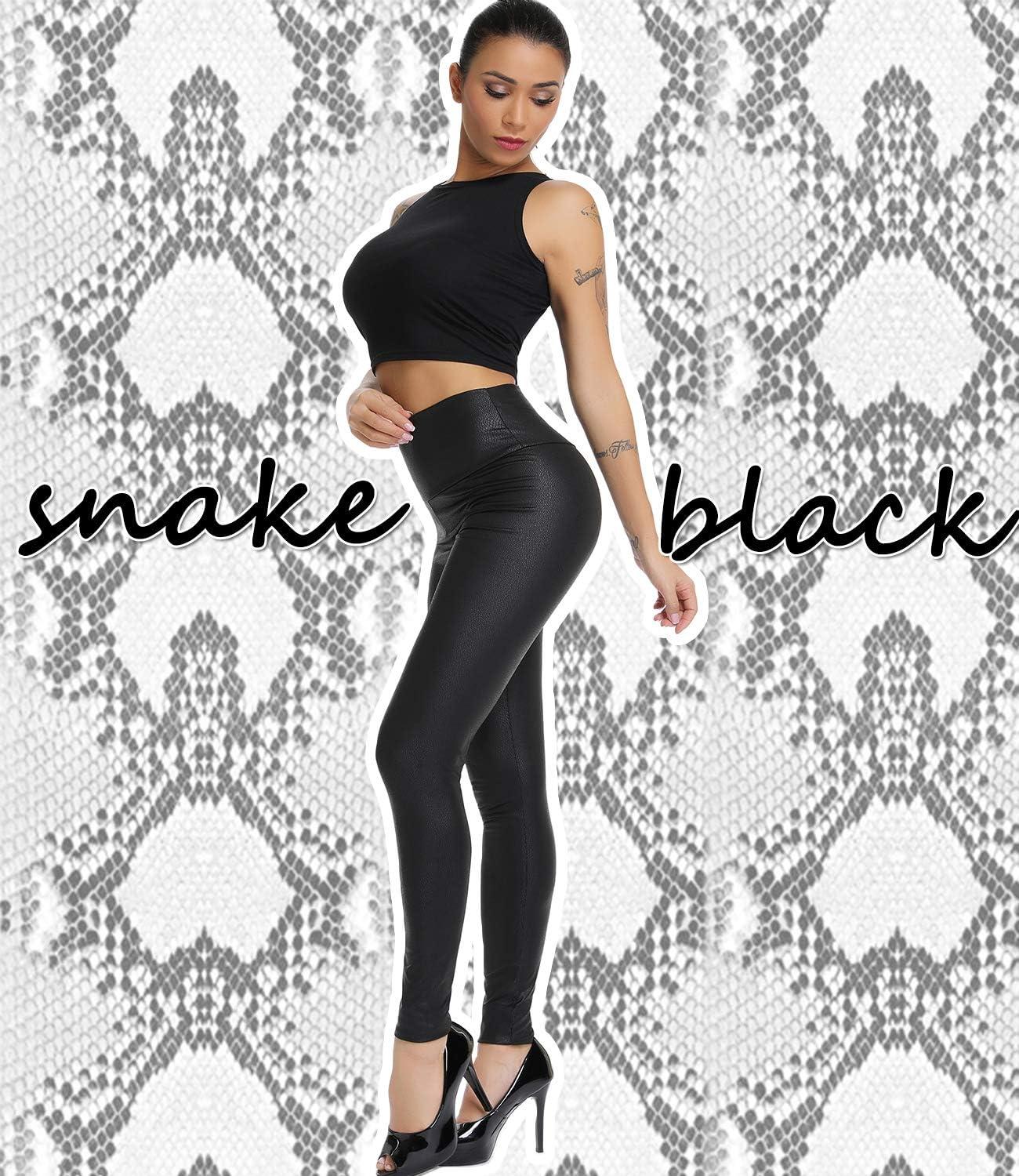 imageKIWI RATA Faux Leather Leggings for Women Stretchy Pleather Pants Shiny Sexy TightsSnake Black