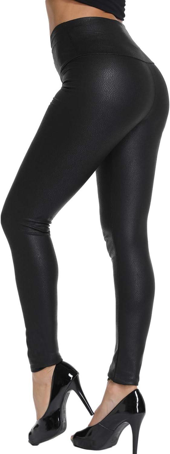 imageKIWI RATA Faux Leather Leggings for Women Stretchy Pleather Pants Shiny Sexy TightsSnake Black