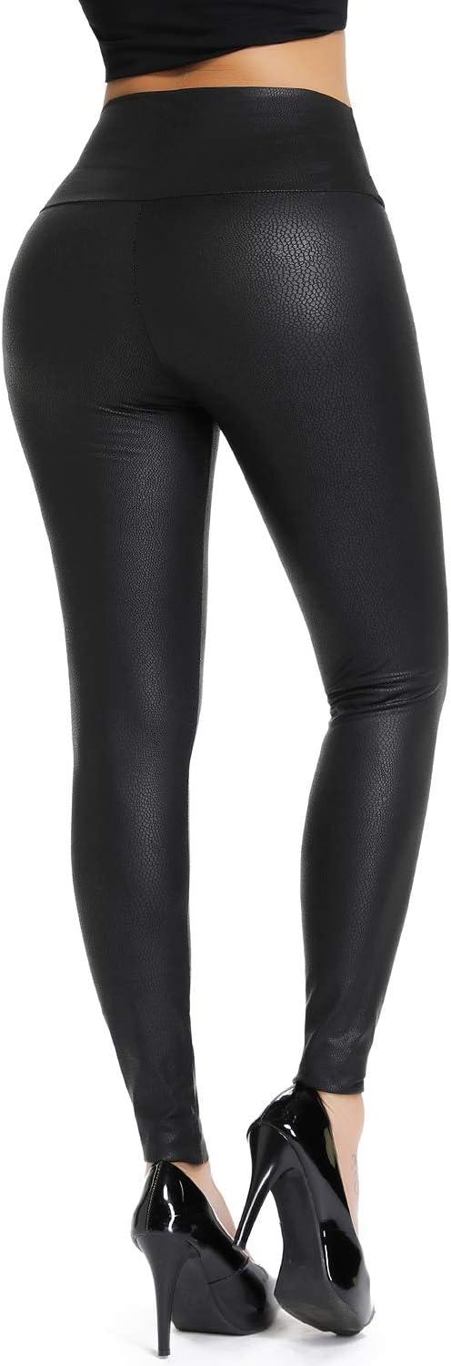 imageKIWI RATA Faux Leather Leggings for Women Stretchy Pleather Pants Shiny Sexy TightsSnake Black