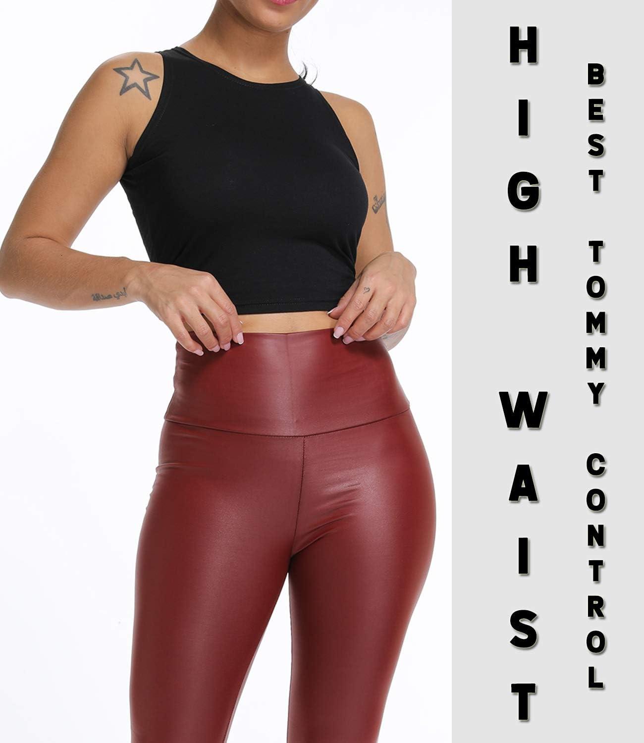 imageKIWI RATA Faux Leather Leggings for Women Stretchy Pleather Pants Shiny Sexy TightsWine Red