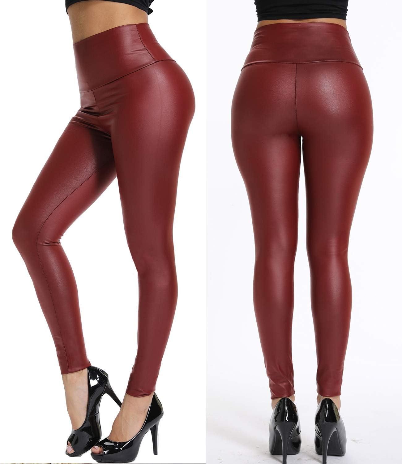 imageKIWI RATA Faux Leather Leggings for Women Stretchy Pleather Pants Shiny Sexy TightsWine Red