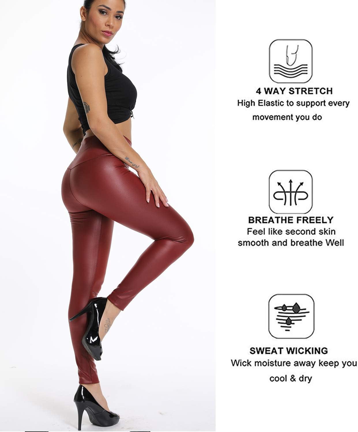 imageKIWI RATA Faux Leather Leggings for Women Stretchy Pleather Pants Shiny Sexy TightsWine Red