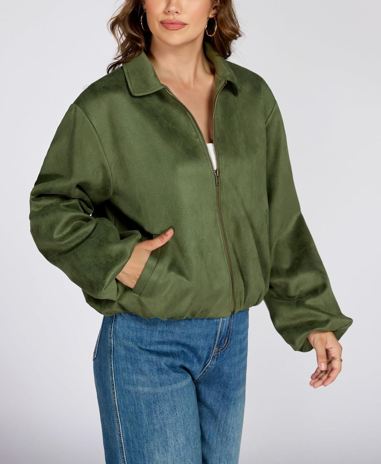 imageLadyful Faux Suede Bomber Jacket Women Cropped Long Sleeve Zip Up Y2K Fall Leather Coat OuterwearArym Green