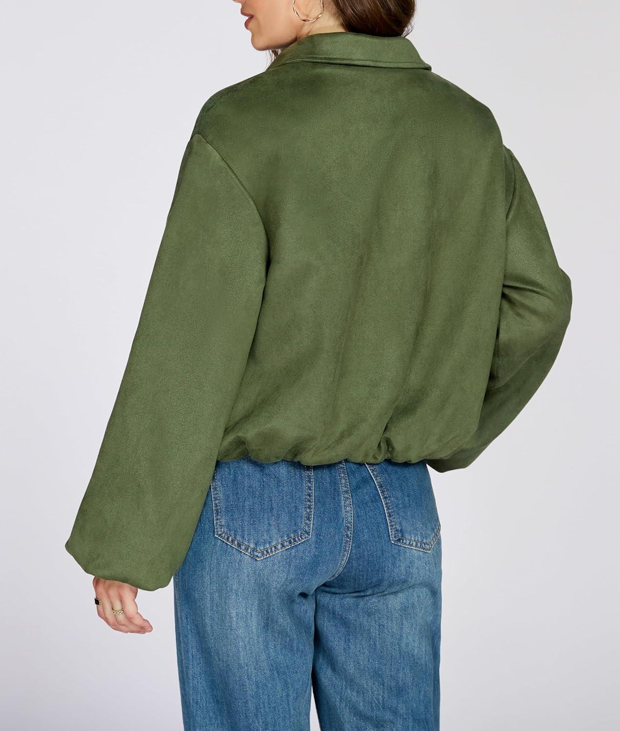 imageLadyful Faux Suede Bomber Jacket Women Cropped Long Sleeve Zip Up Y2K Fall Leather Coat OuterwearArym Green