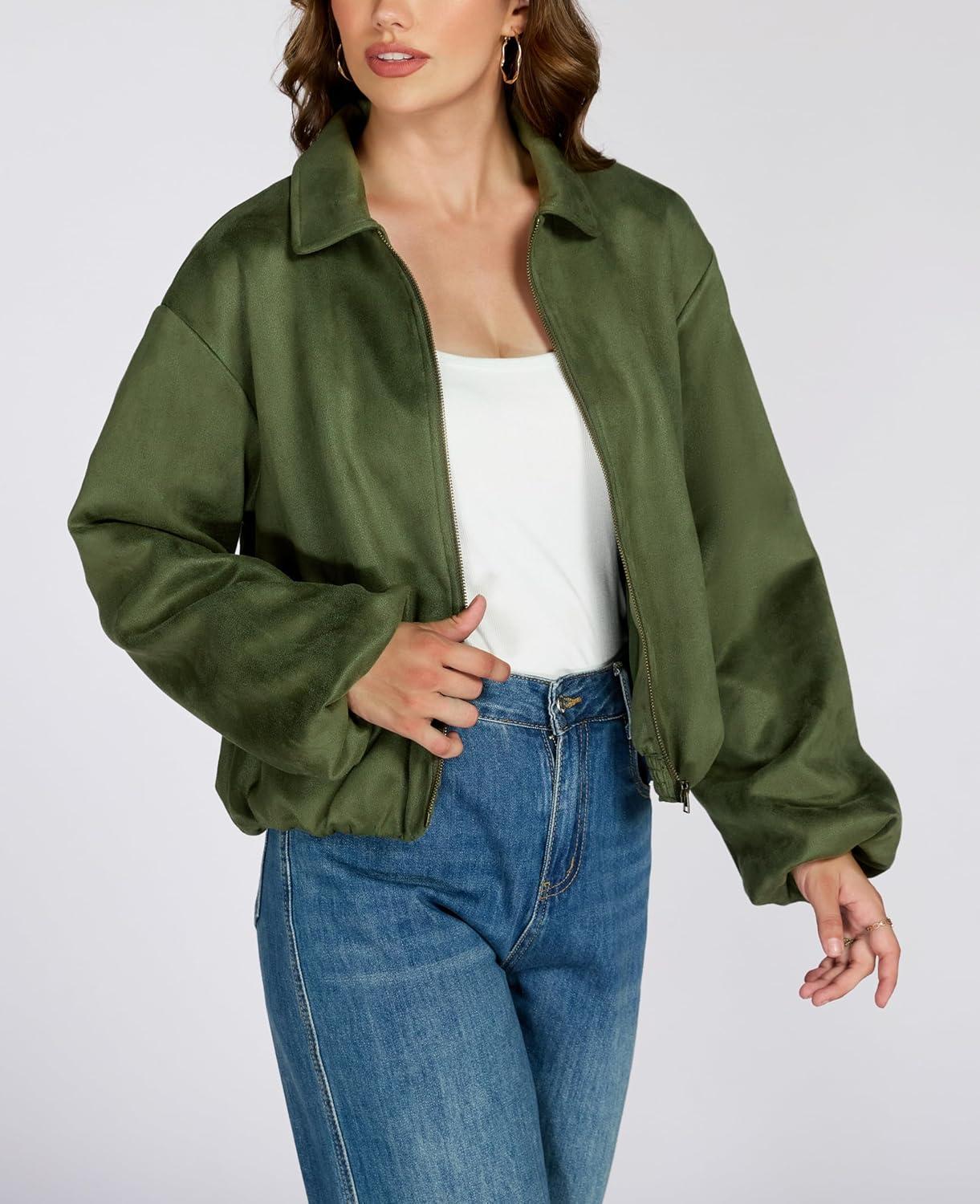 imageLadyful Faux Suede Bomber Jacket Women Cropped Long Sleeve Zip Up Y2K Fall Leather Coat OuterwearArym Green