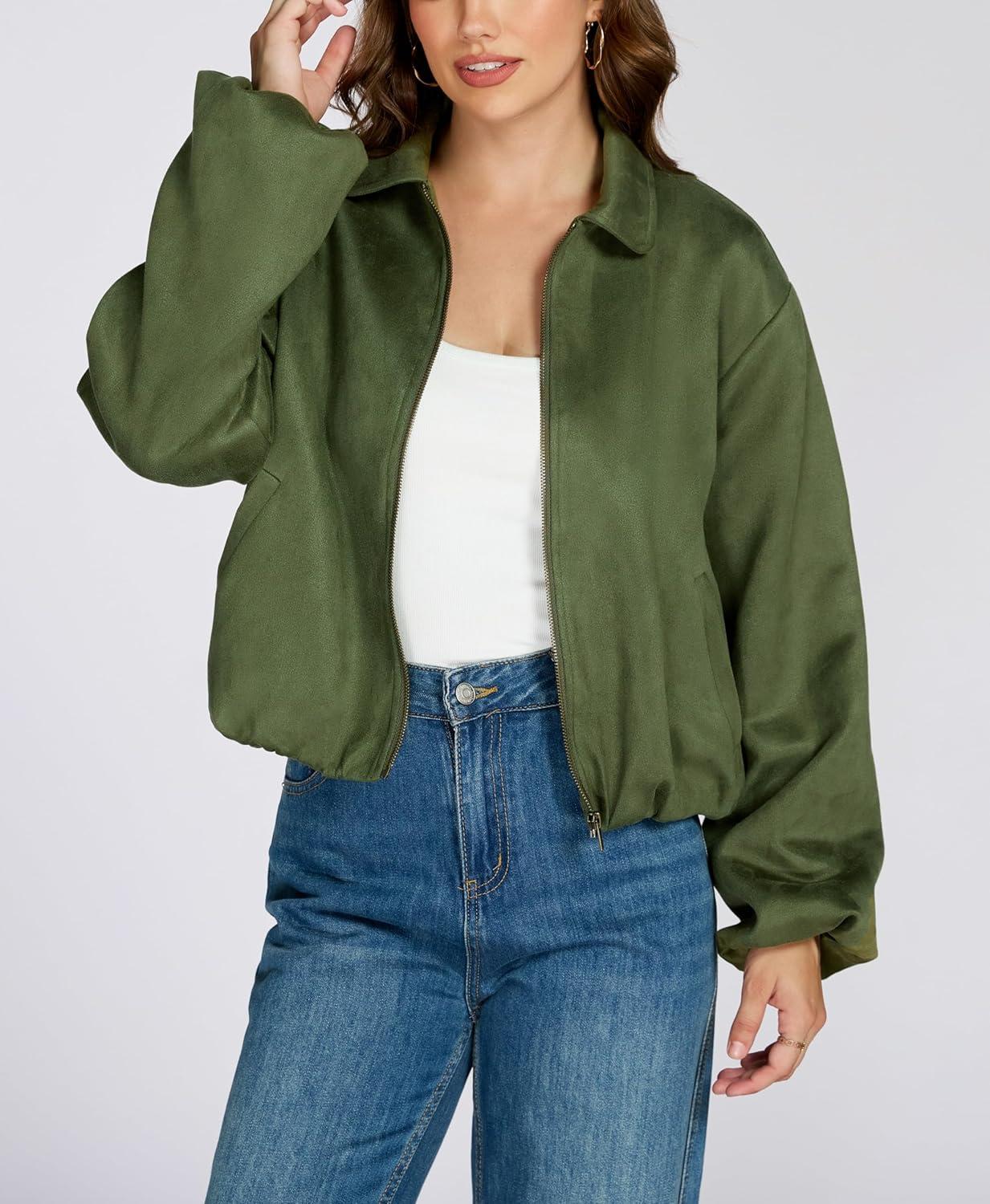 imageLadyful Faux Suede Bomber Jacket Women Cropped Long Sleeve Zip Up Y2K Fall Leather Coat OuterwearArym Green