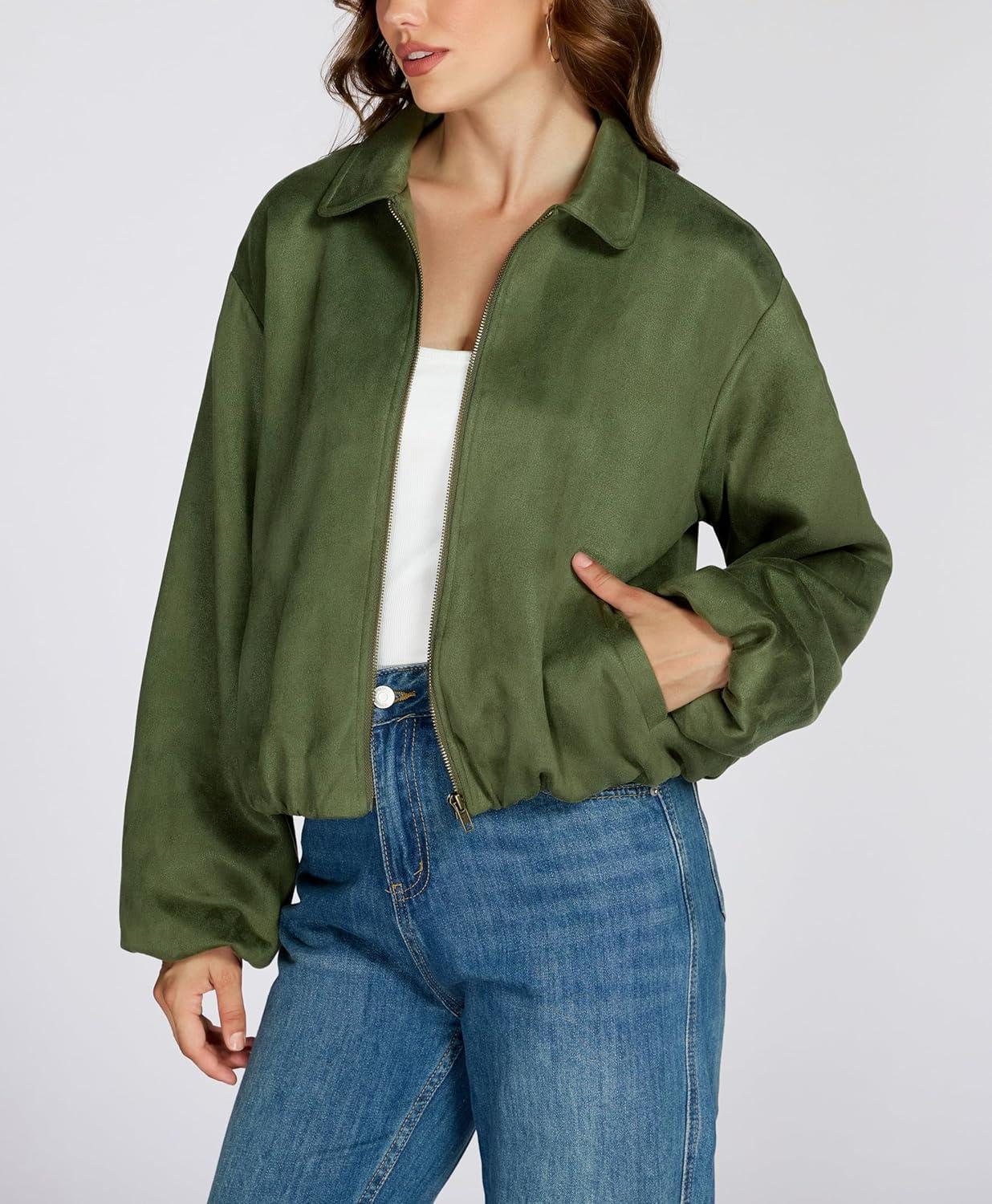 imageLadyful Faux Suede Bomber Jacket Women Cropped Long Sleeve Zip Up Y2K Fall Leather Coat OuterwearArym Green