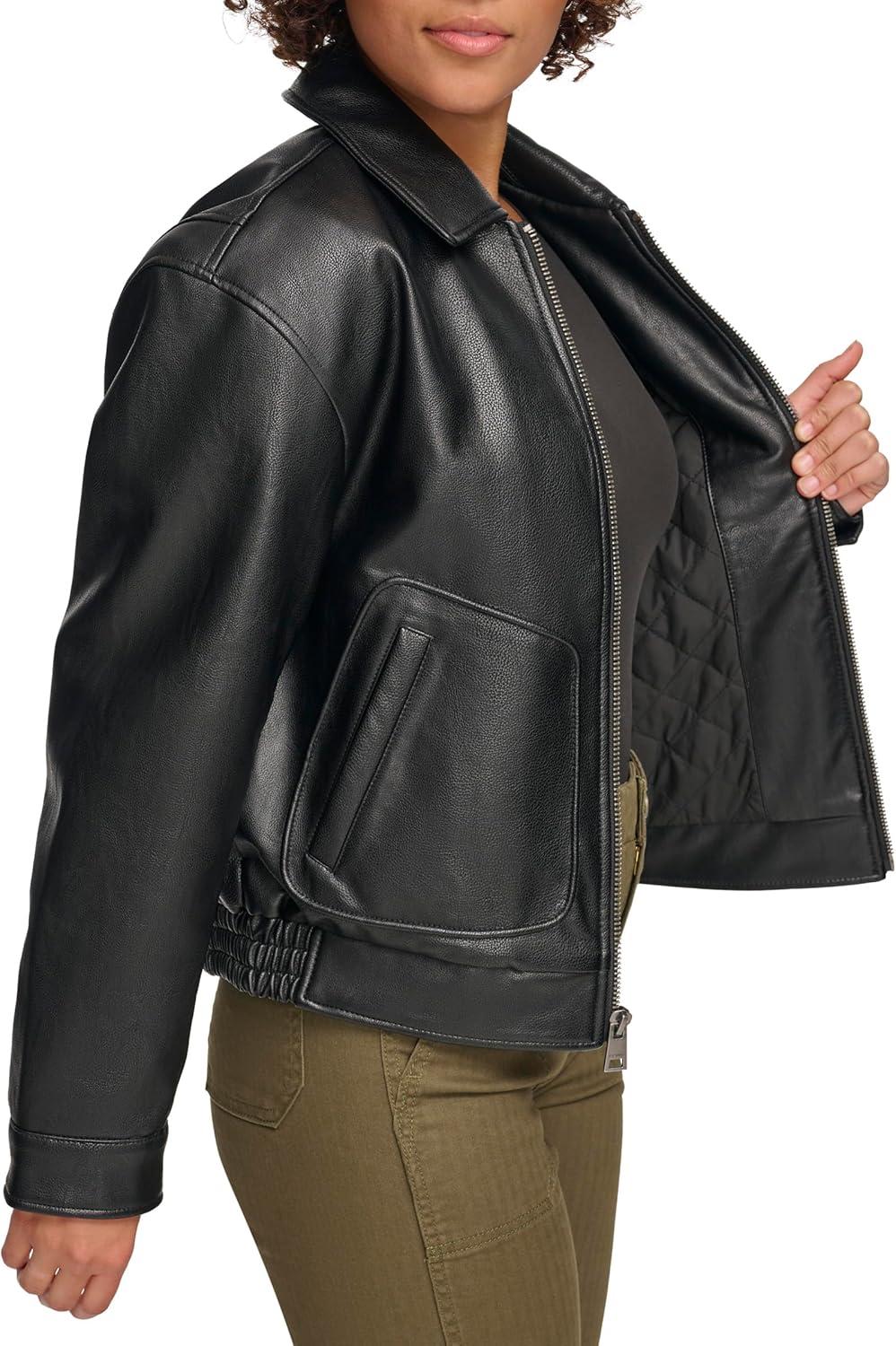 imageLevis womens Levis Womens Faux Leather Lightweight Dad Bomber JacketPebbled Black