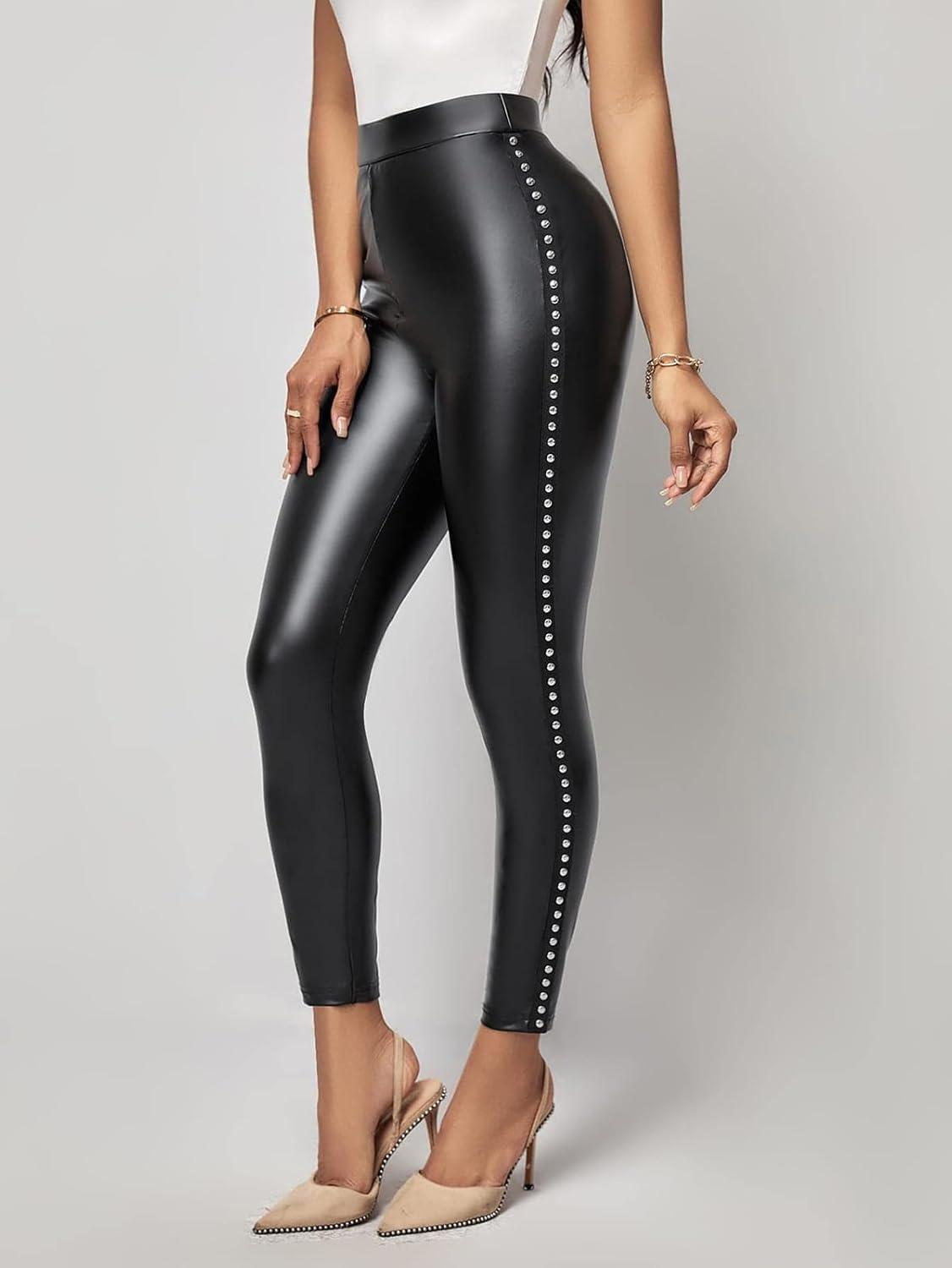 imageLifeShe Women Faux Leather Leggings with Rivets High Waisted Sexy Skinny PantsBlack