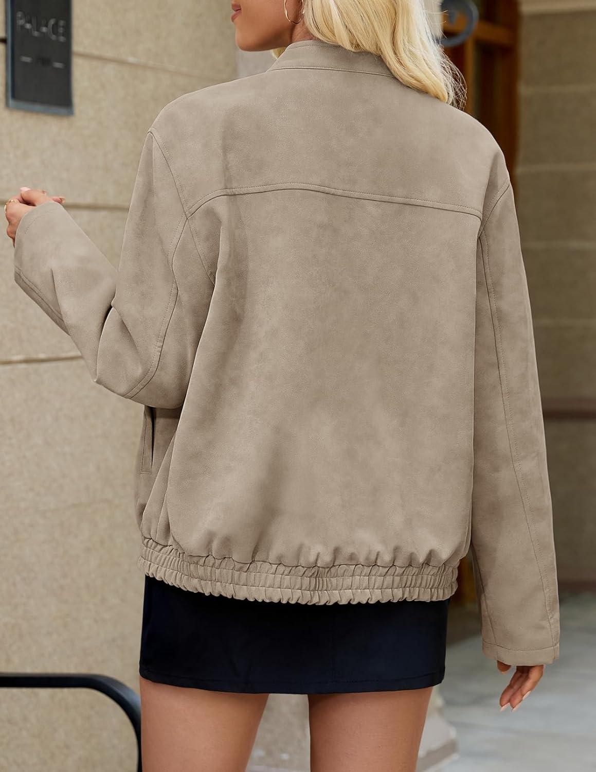 imageMEROKEETY Womens 2025 Faux Suede Bomber Jackets Trendy Long Sleeve Zip Up Fall Winter Coat OuterwearApricot