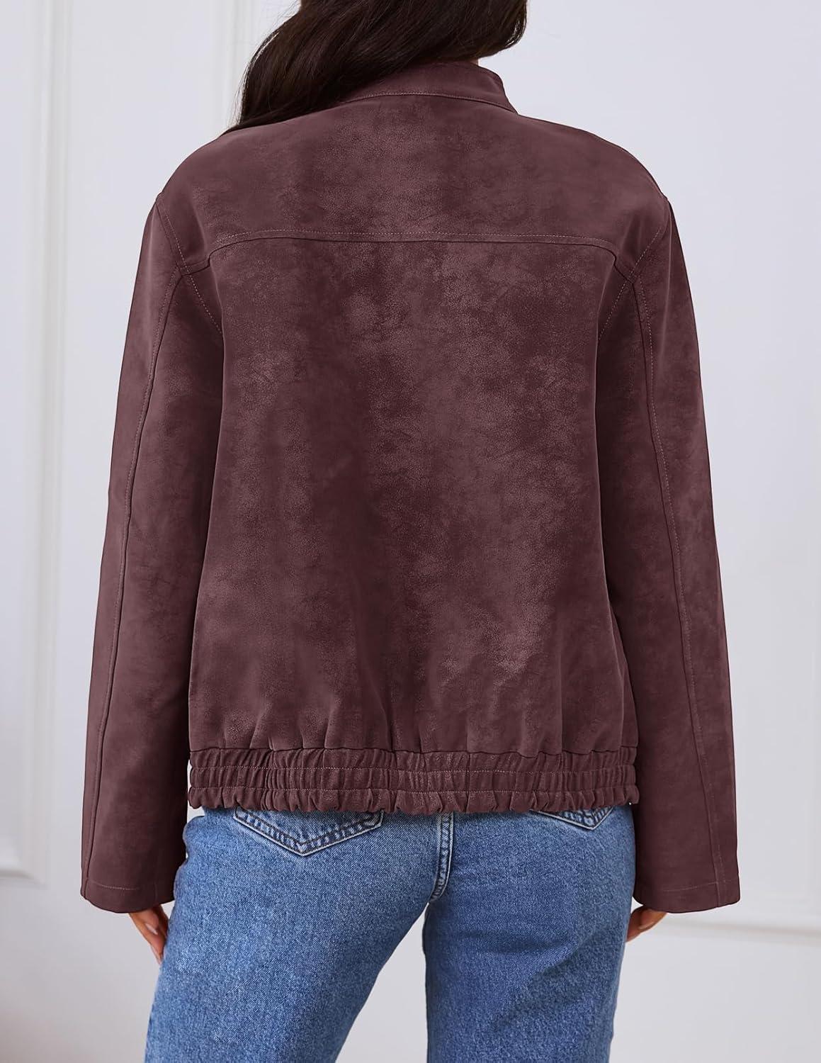 imageMEROKEETY Womens 2025 Faux Suede Bomber Jackets Trendy Long Sleeve Zip Up Fall Winter Coat OuterwearWine