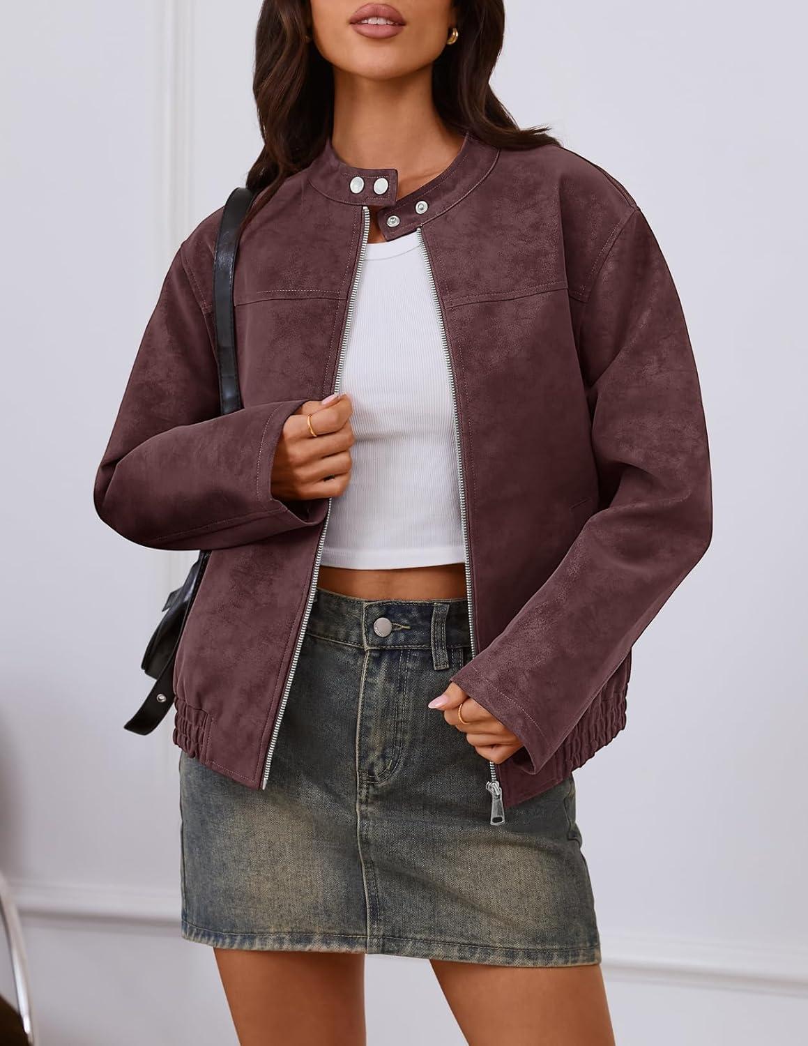 imageMEROKEETY Womens 2025 Faux Suede Bomber Jackets Trendy Long Sleeve Zip Up Fall Winter Coat OuterwearWine