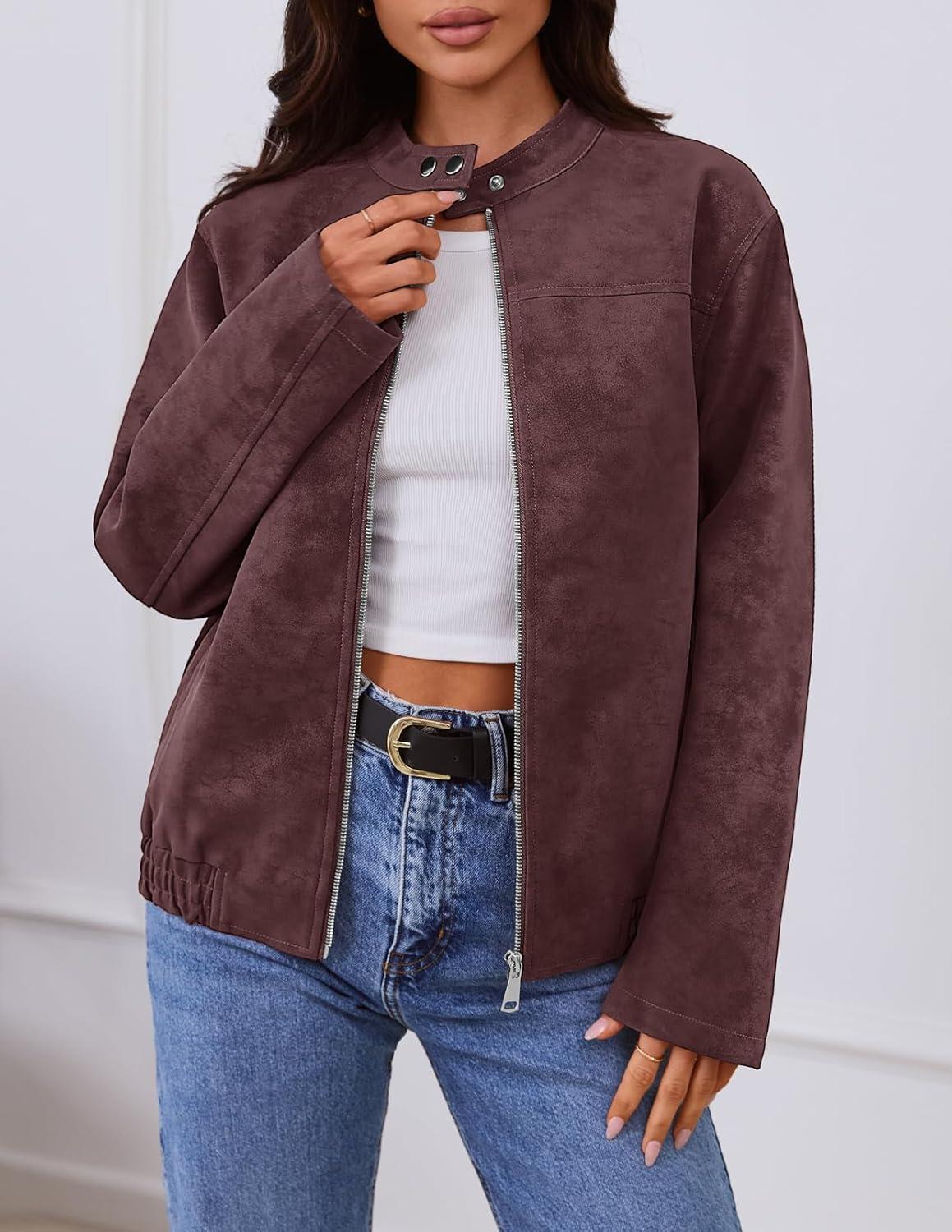 imageMEROKEETY Womens 2025 Faux Suede Bomber Jackets Trendy Long Sleeve Zip Up Fall Winter Coat OuterwearWine