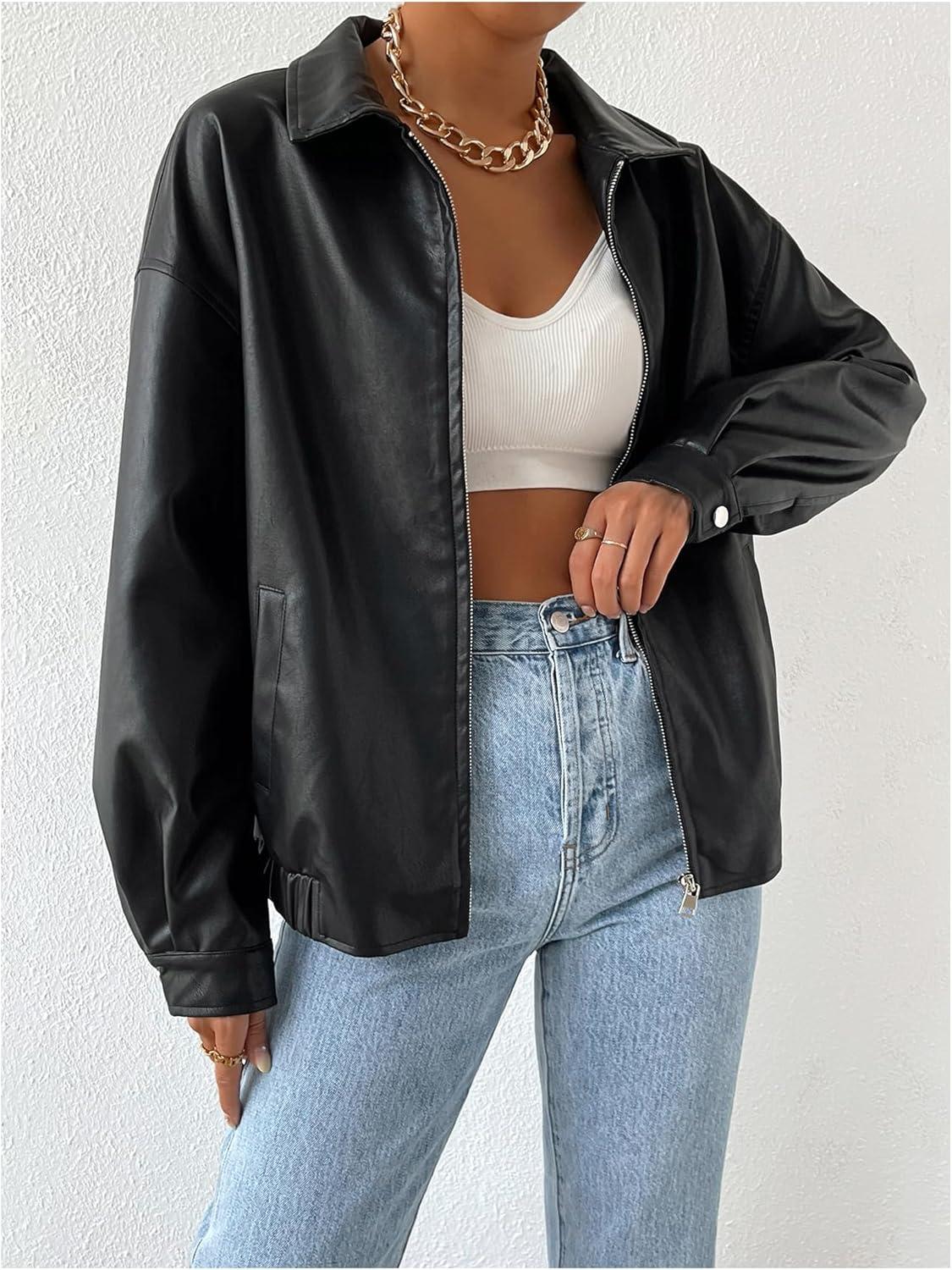 imageMakeMeChic Womens Faux Leather Shacket Long Sleeve Zip Up Motorcycle Jacket Biker CoatBlack