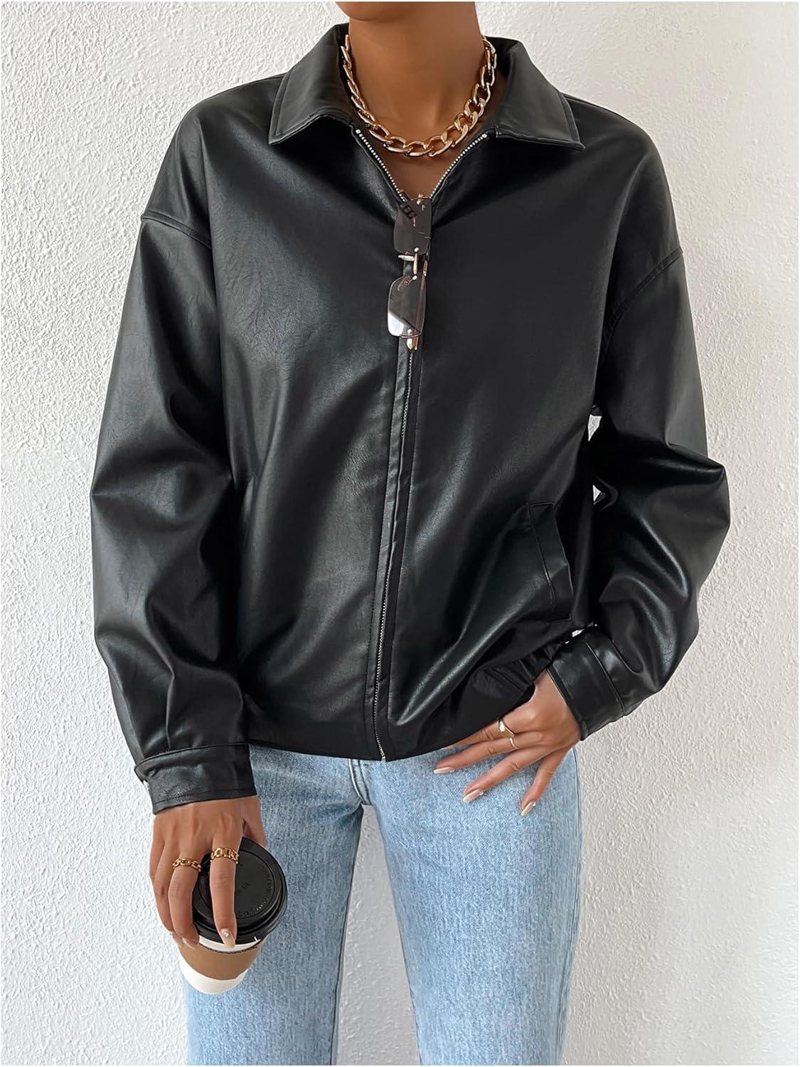 imageMakeMeChic Womens Faux Leather Shacket Long Sleeve Zip Up Motorcycle Jacket Biker CoatBlack