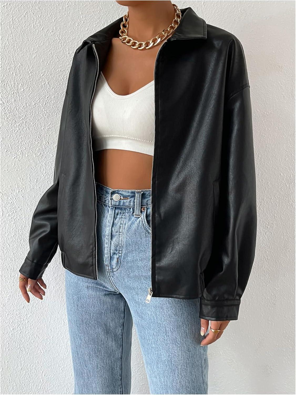 imageMakeMeChic Womens Faux Leather Shacket Long Sleeve Zip Up Motorcycle Jacket Biker CoatBlack