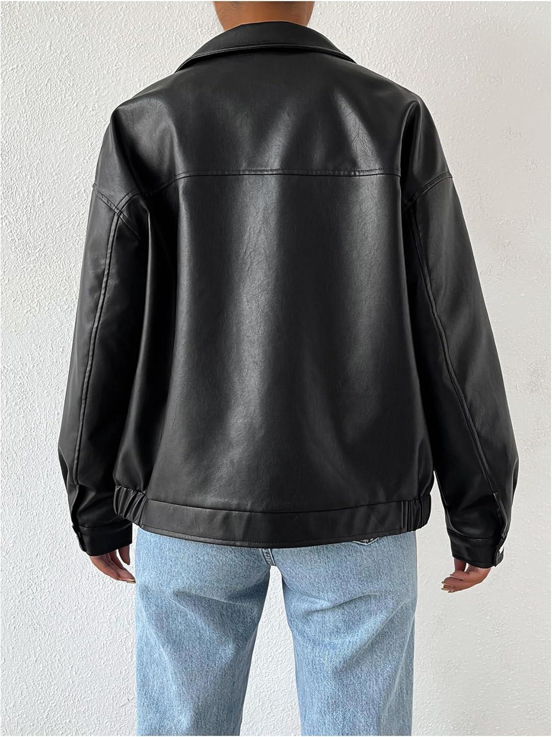 imageMakeMeChic Womens Faux Leather Shacket Long Sleeve Zip Up Motorcycle Jacket Biker CoatBlack