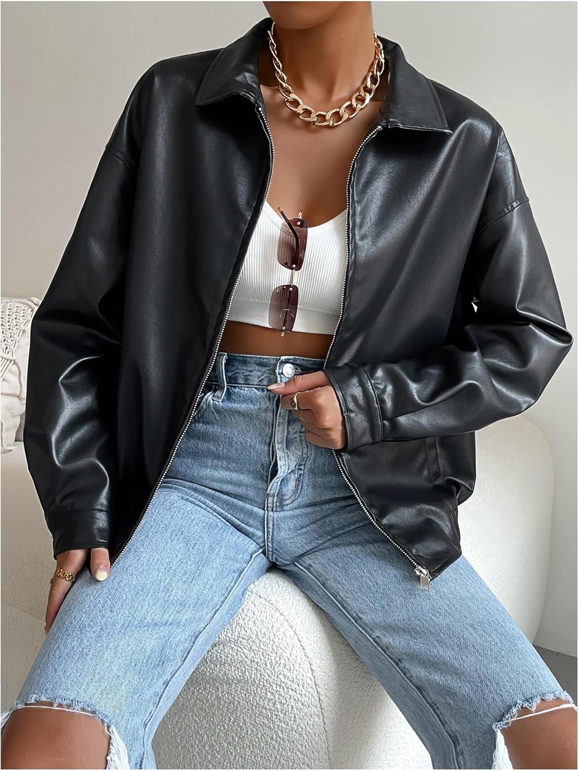 imageMakeMeChic Womens Faux Leather Shacket Long Sleeve Zip Up Motorcycle Jacket Biker CoatBlack