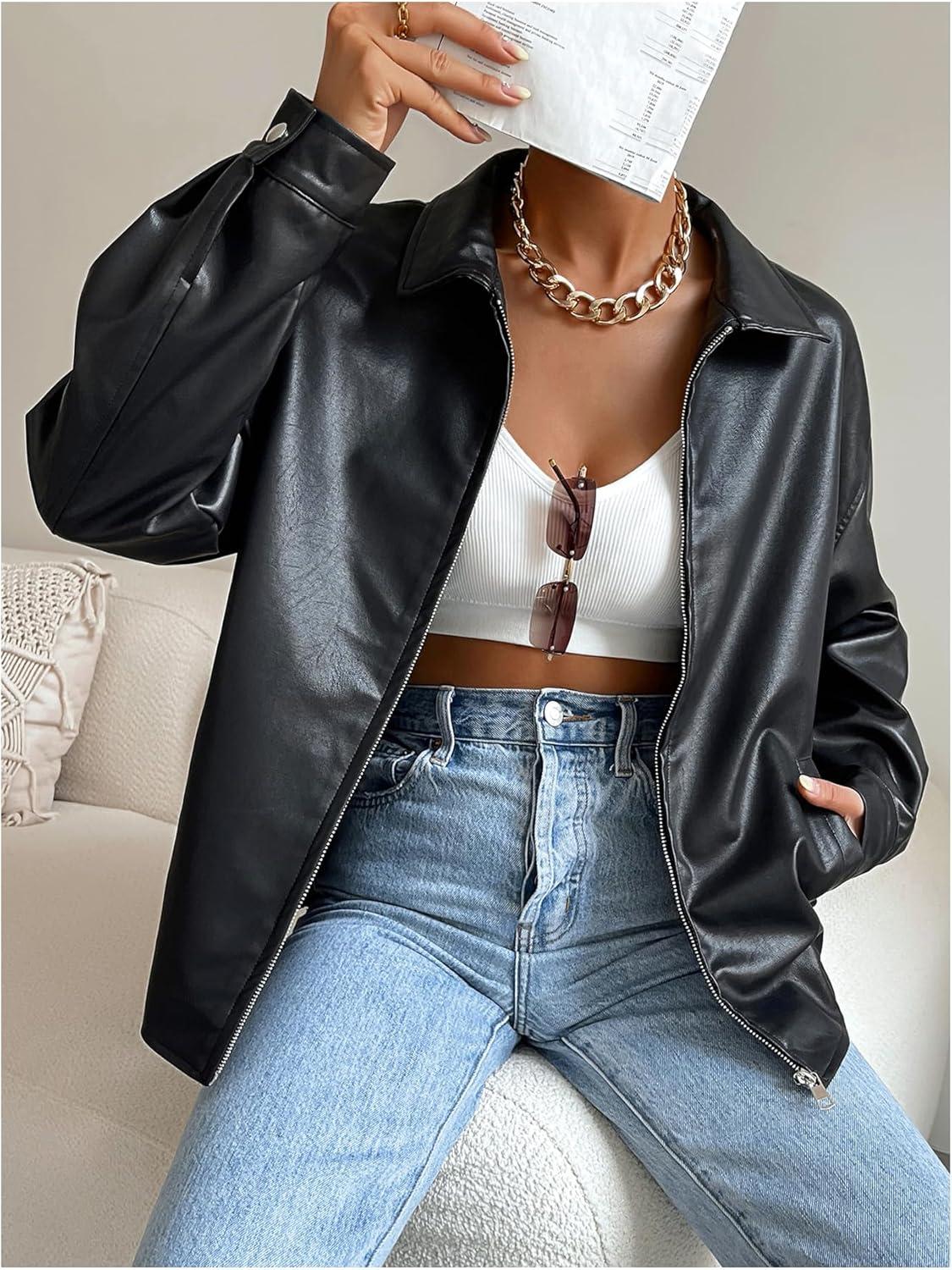imageMakeMeChic Womens Faux Leather Shacket Long Sleeve Zip Up Motorcycle Jacket Biker CoatBlack