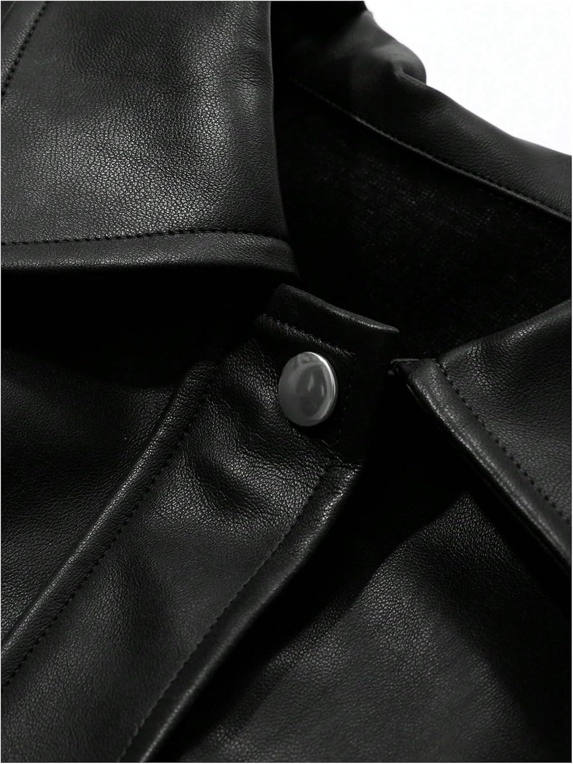 imageMakeMeChic Womens Faux Leather Shacket Long Sleeve Zip Up Motorcycle Jacket Biker CoatBlack a