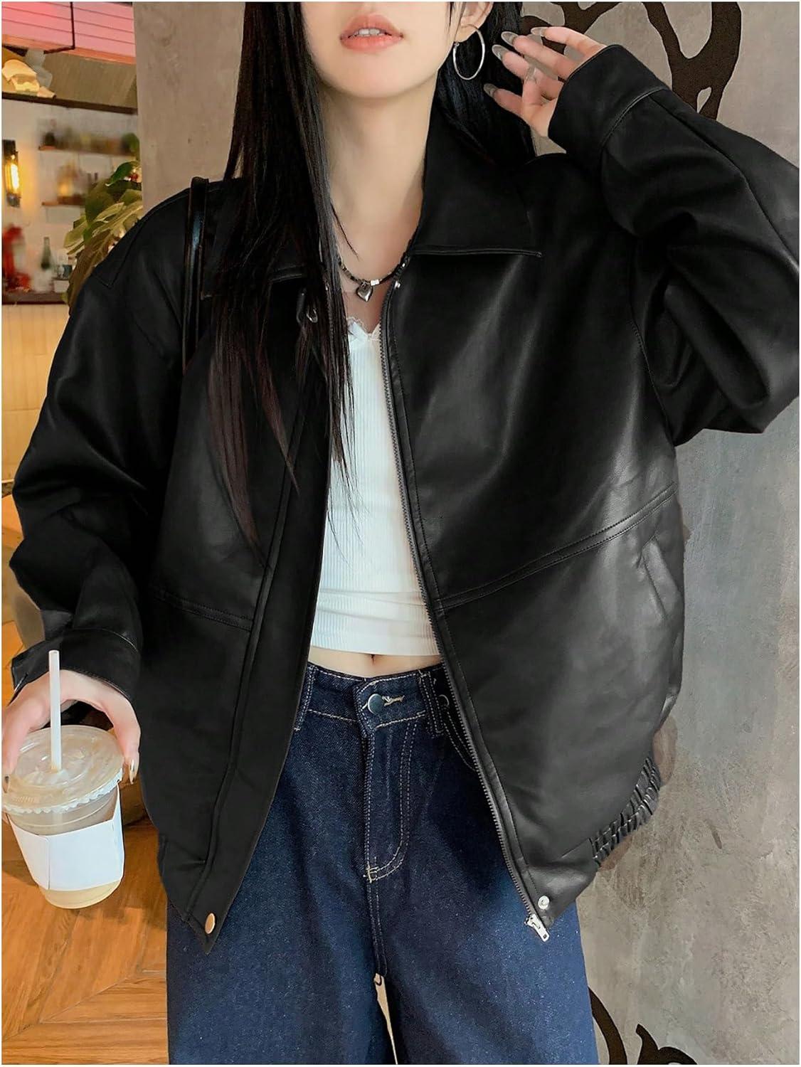 imageMakeMeChic Womens Faux Leather Shacket Long Sleeve Zip Up Motorcycle Jacket Biker CoatBlack a