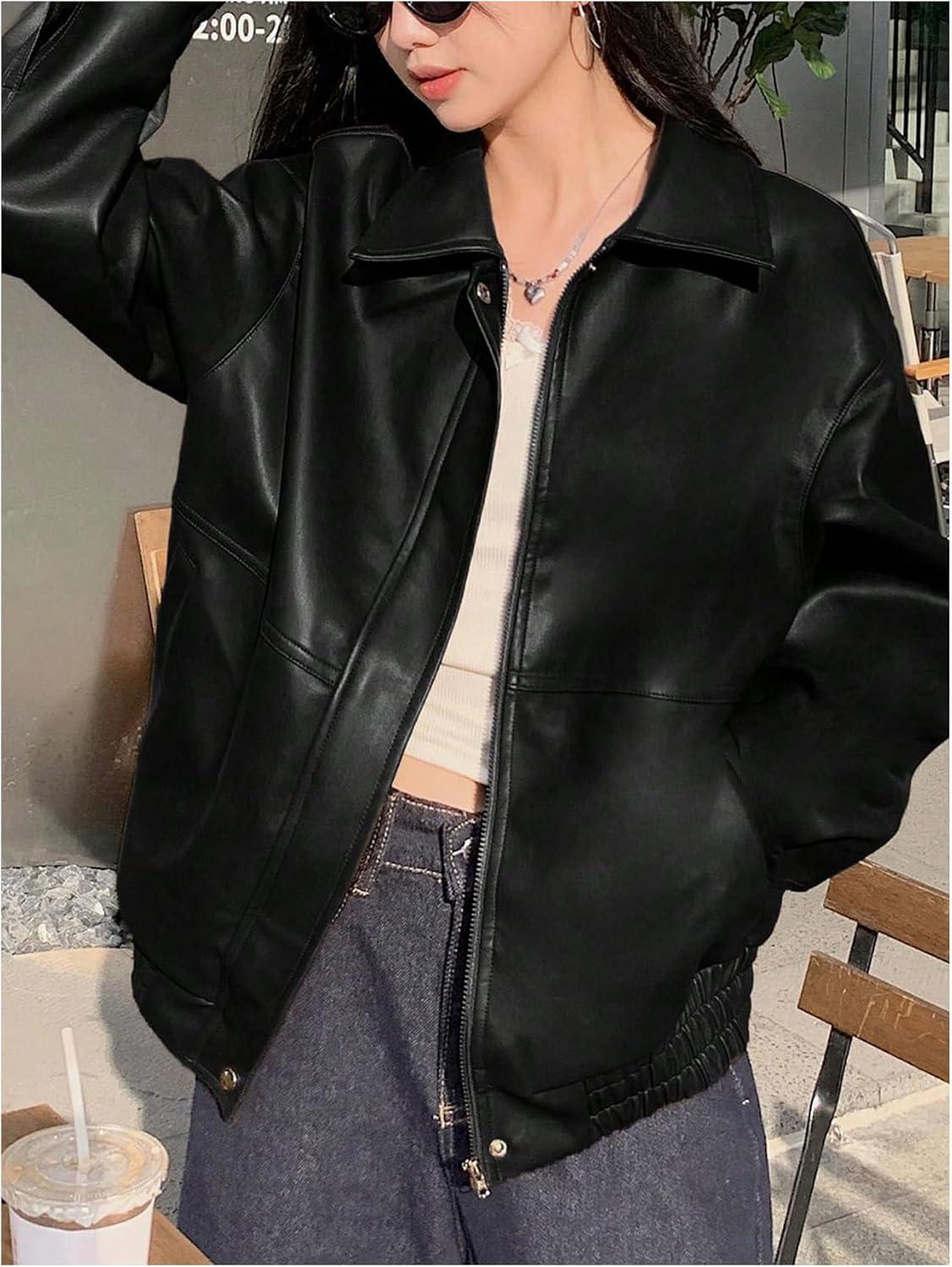 imageMakeMeChic Womens Faux Leather Shacket Long Sleeve Zip Up Motorcycle Jacket Biker CoatBlack a