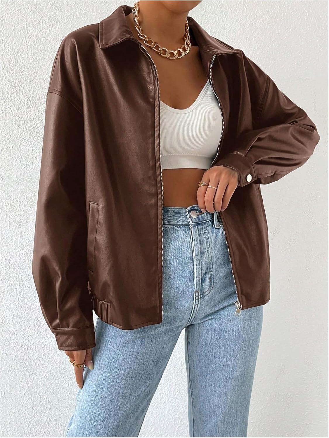 imageMakeMeChic Womens Faux Leather Shacket Long Sleeve Zip Up Motorcycle Jacket Biker CoatBrown