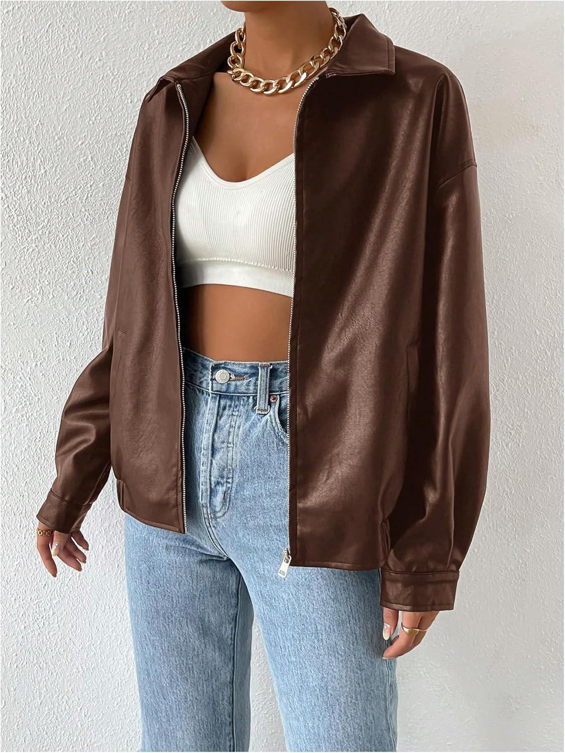 imageMakeMeChic Womens Faux Leather Shacket Long Sleeve Zip Up Motorcycle Jacket Biker CoatBrown