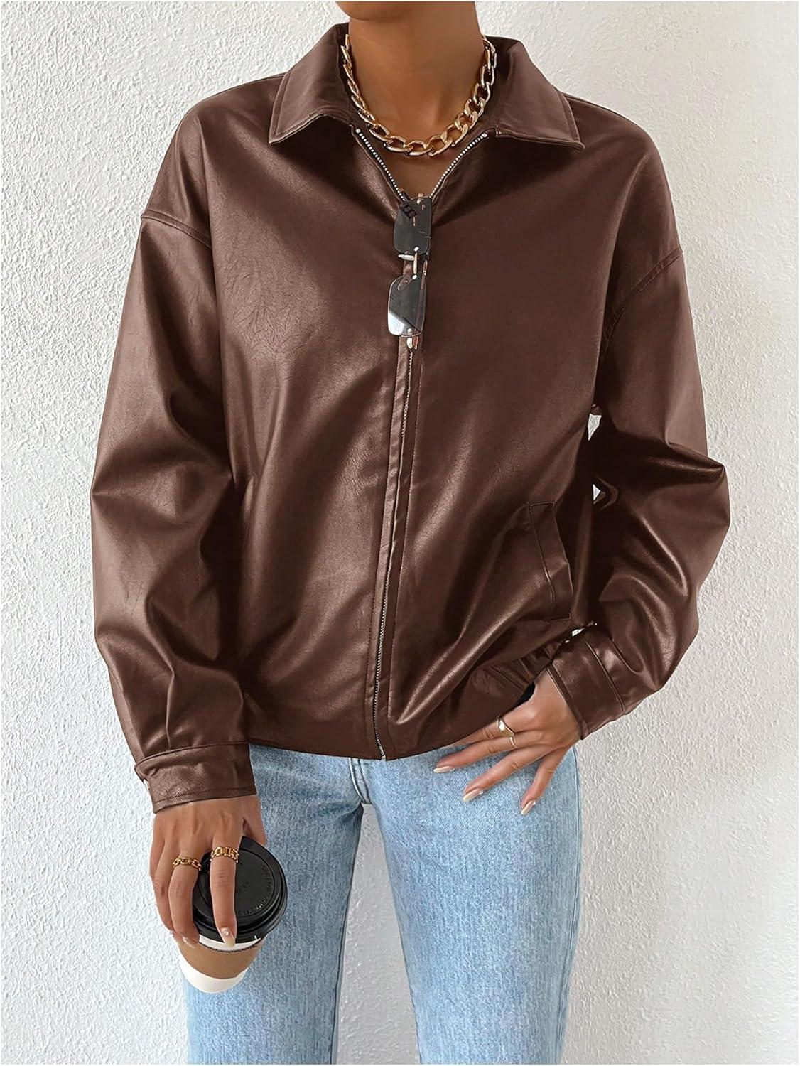 imageMakeMeChic Womens Faux Leather Shacket Long Sleeve Zip Up Motorcycle Jacket Biker CoatBrown