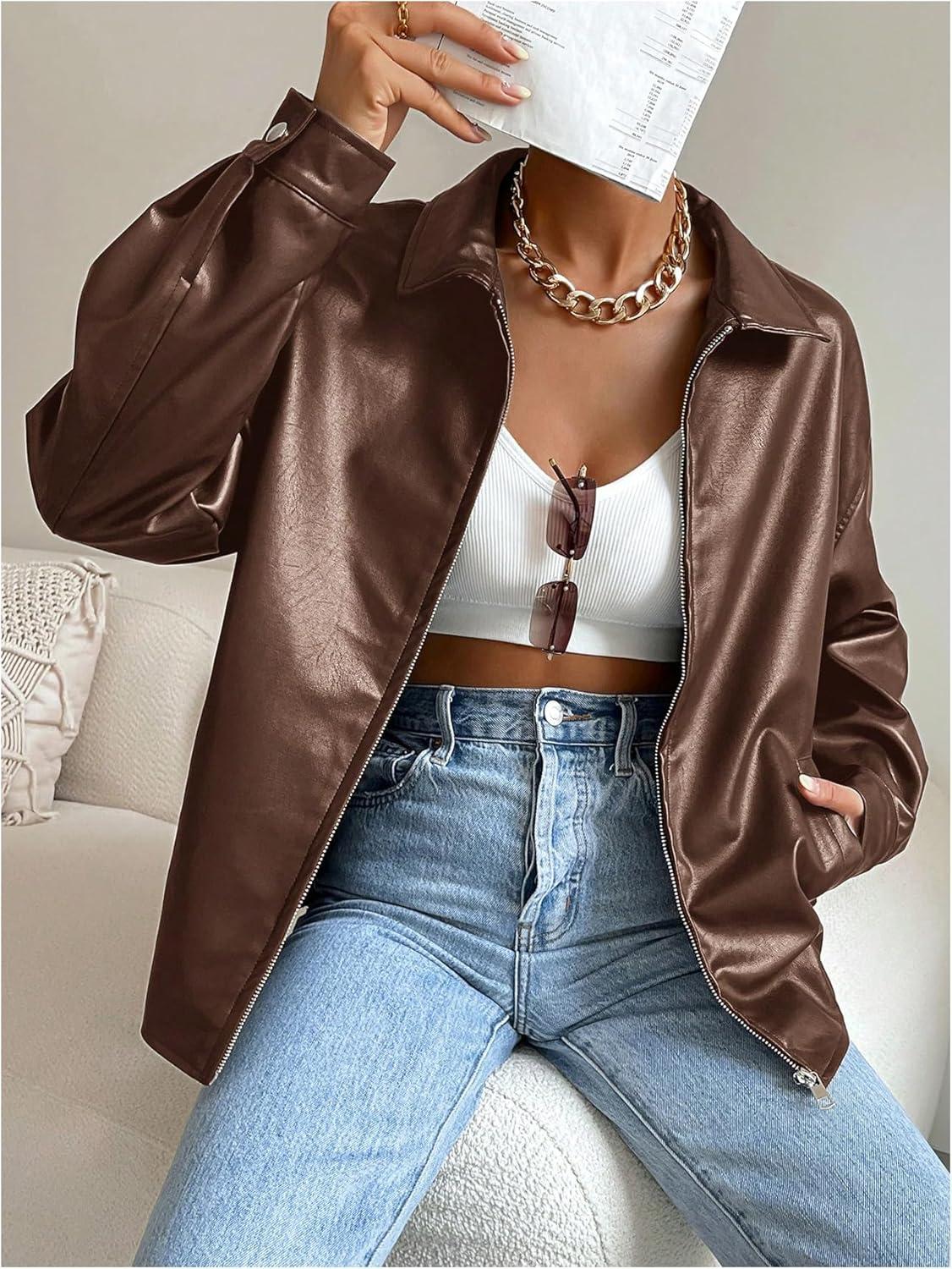 imageMakeMeChic Womens Faux Leather Shacket Long Sleeve Zip Up Motorcycle Jacket Biker CoatBrown